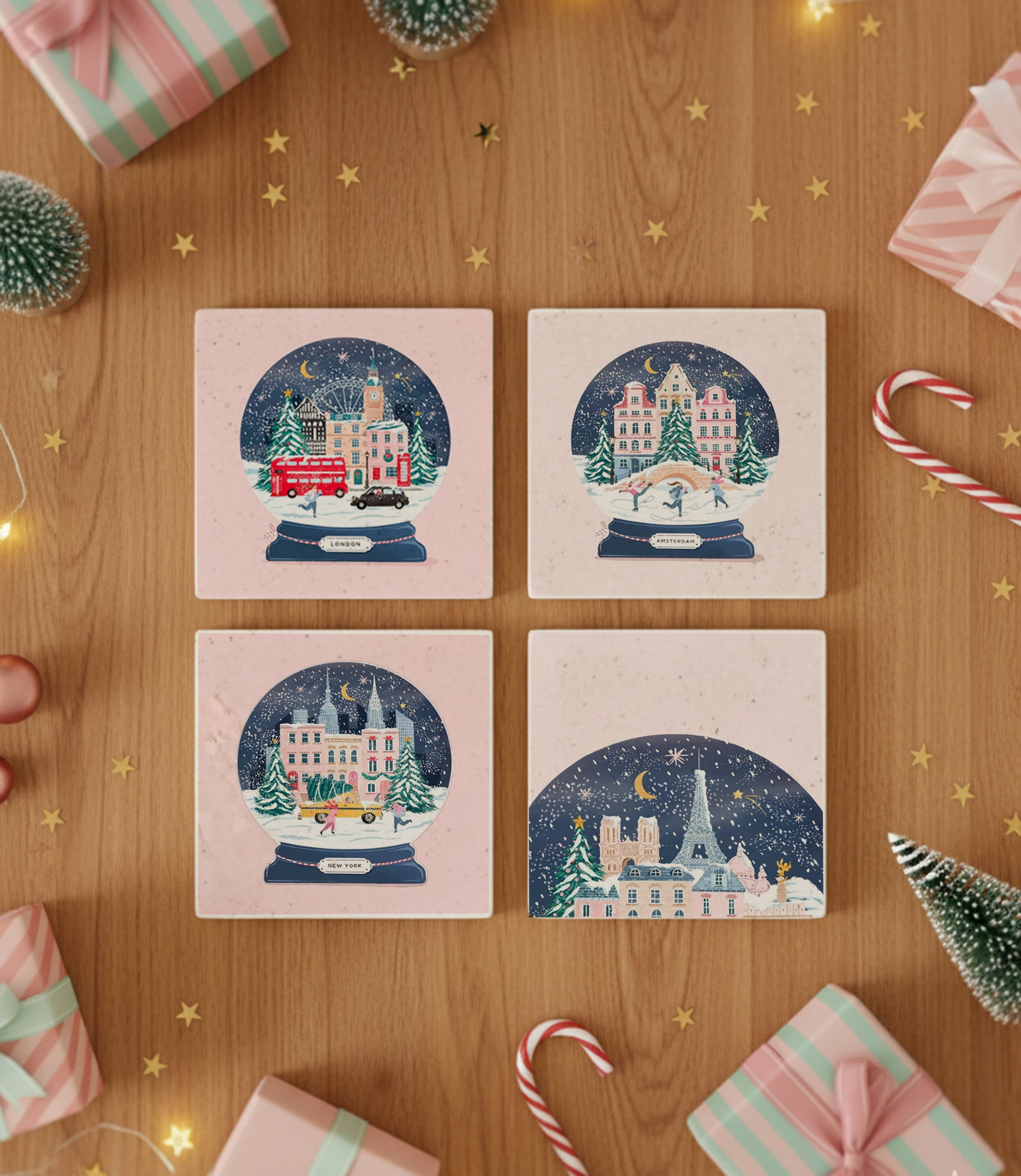 Kar Küresi Şehir Manzaralı Doğal Taş Bardak Altlığı, Paris Londra New York Temalı, Yılbaşı Hediyesi, 4’lü