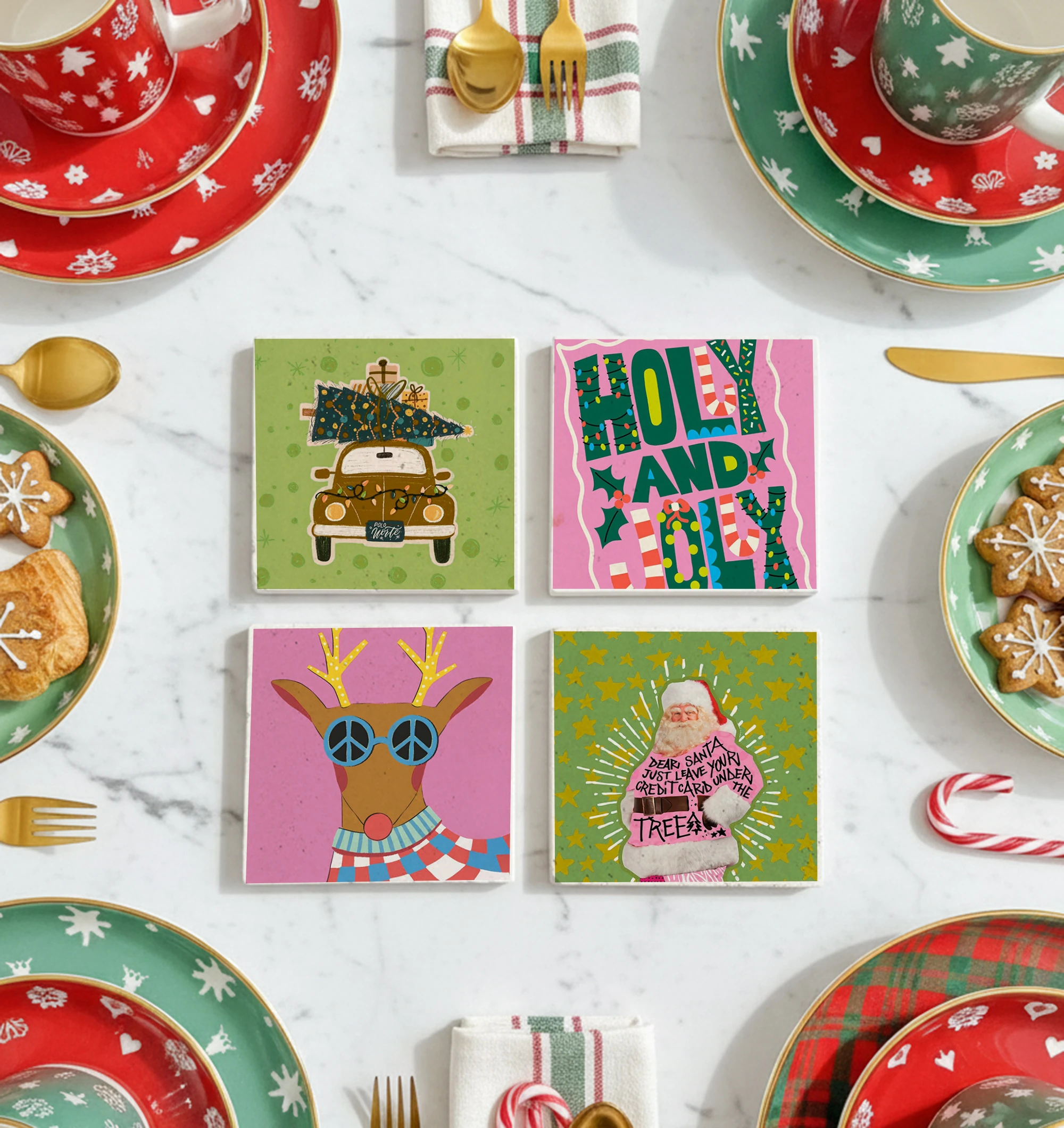 Eğlenceli Noel Baba ve Geyik Temalı Doğal Taş Bardak Altlığı, Renkli Christmas Dekoru, Yılbaşı Hediyesi, 4’lü