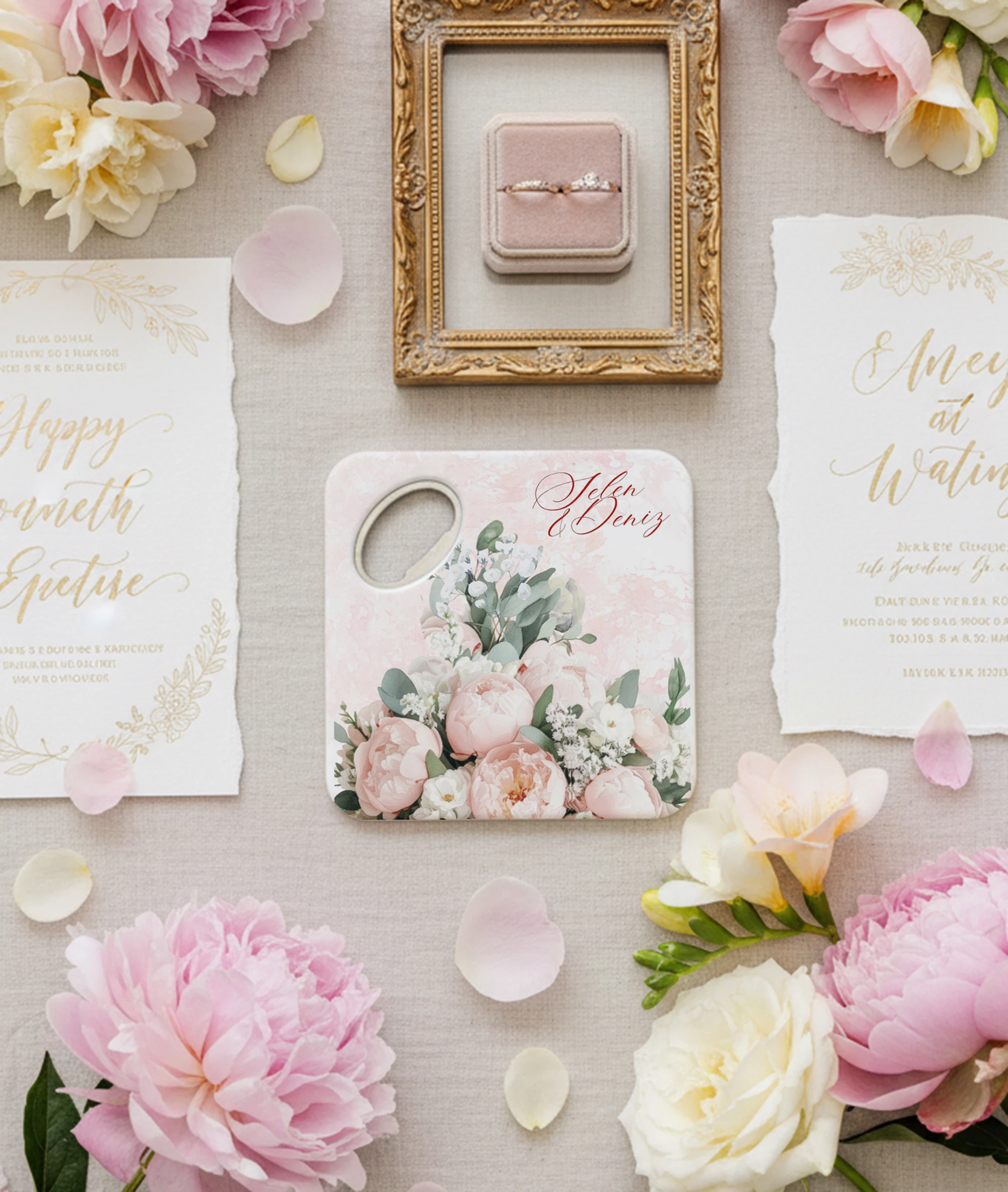 Pembe şakayık çiçekli kişiye özel magnet açacak bardak altlığı düğün nişan bebek 20 adet