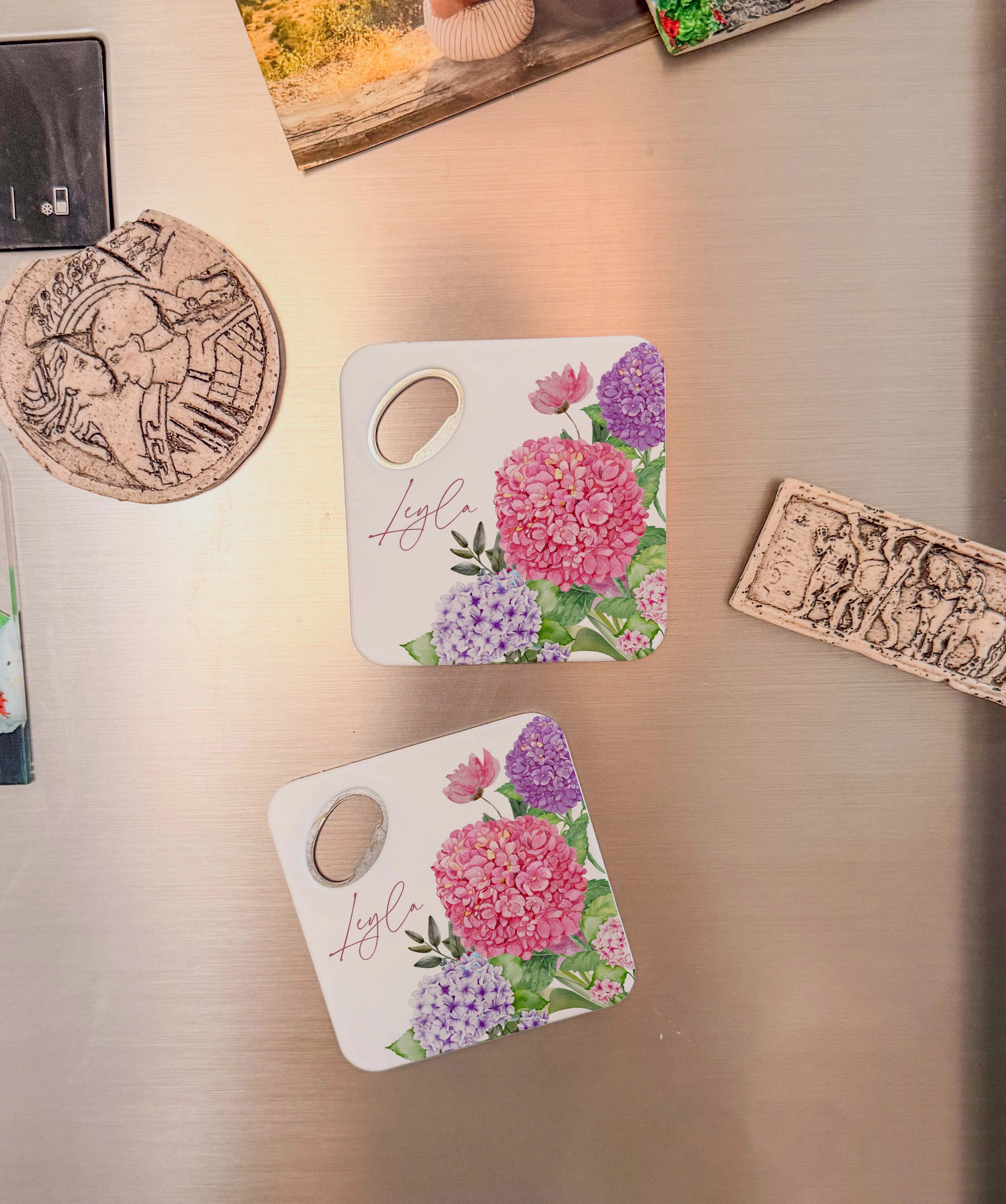 Pembe çiçek desenli kişiye özel magnet açacak bardak altlığı düğün nişan bebek hediyelik 20 adet