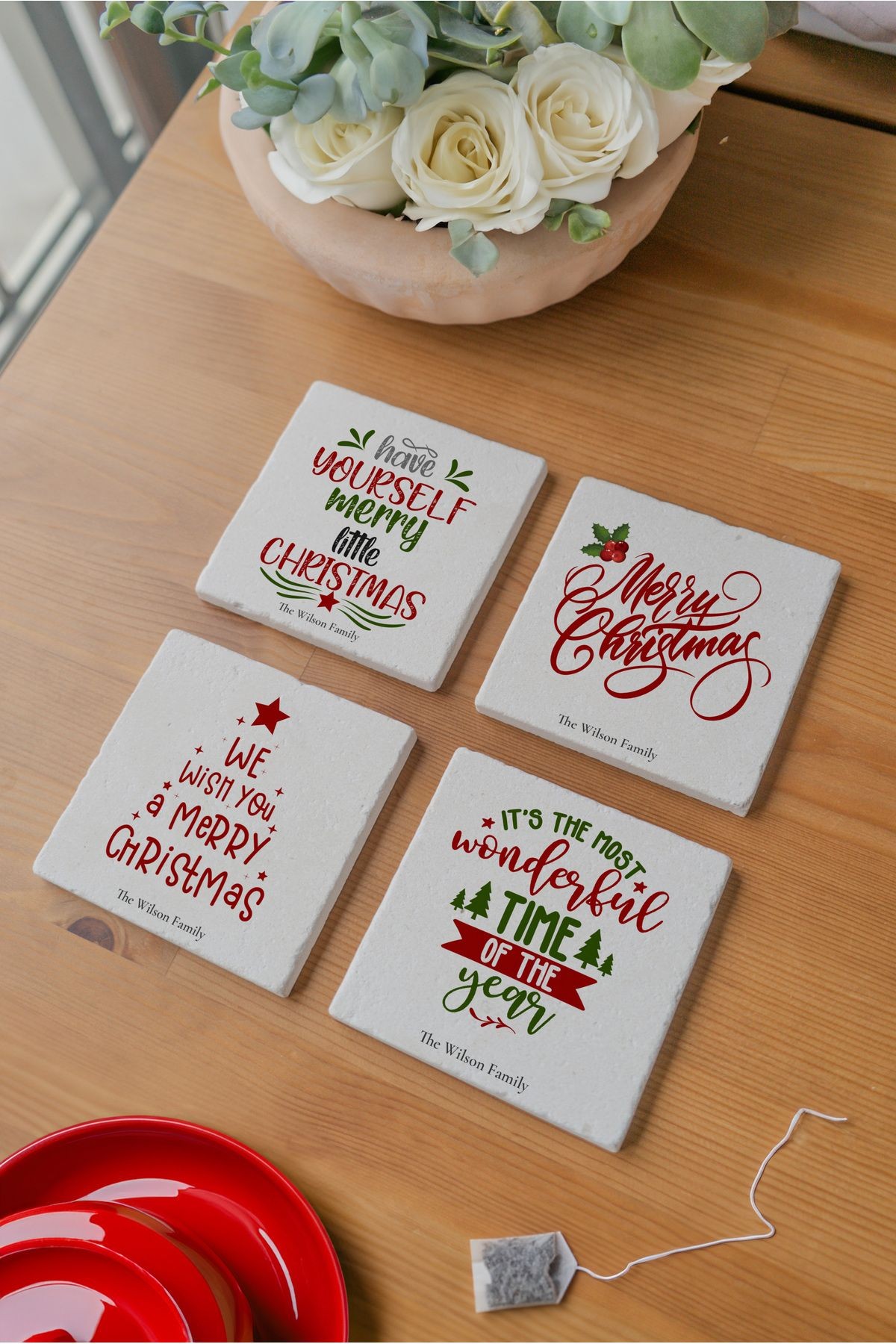 Arslat Atölye Christmas Motto Yazılı Bardak Altlığı 4’lü Set Doğal Taş Traverten (10x10 cm)