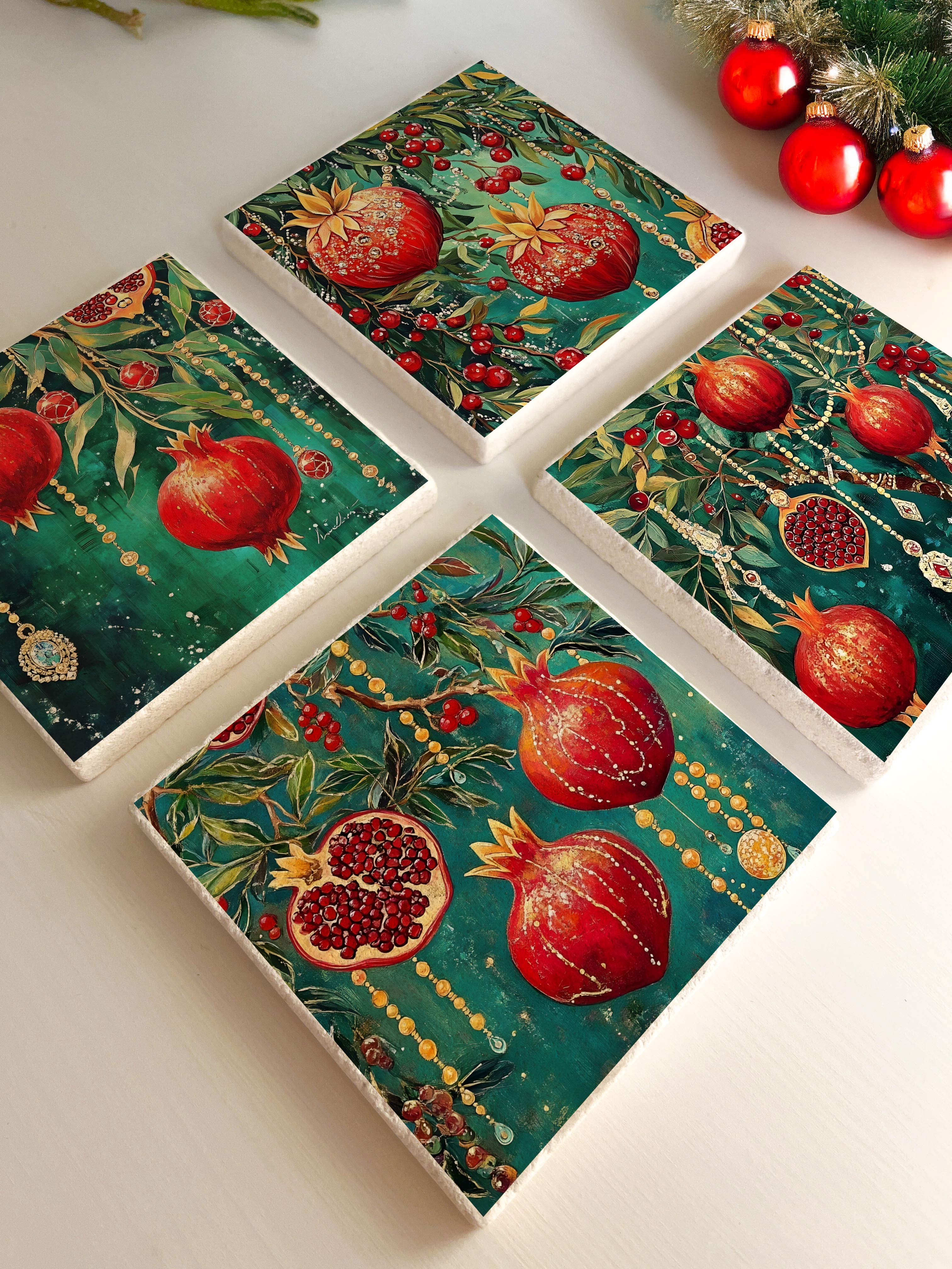 Nar Desenli Doğal Taş Bardak Altlığı, Bereket Temalı Ev Dekoru, Yılbaşı Hediyesi, 4’lü