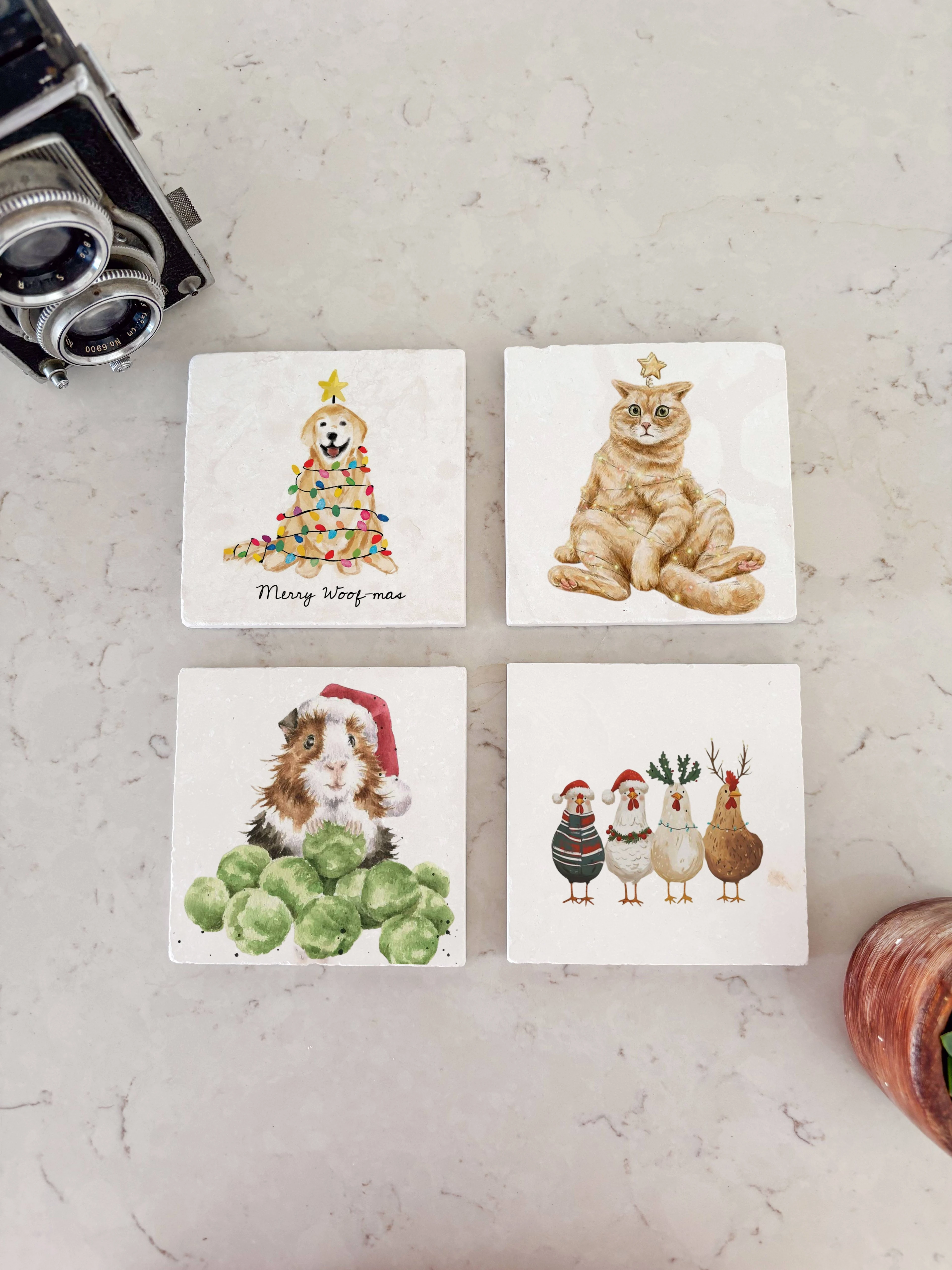 Sevimli Hayvan Temalı Doğal Taş Bardak Altlığı, Kedi Köpek Tavuk Desenli, Yılbaşı Hediyesi, 4’lü