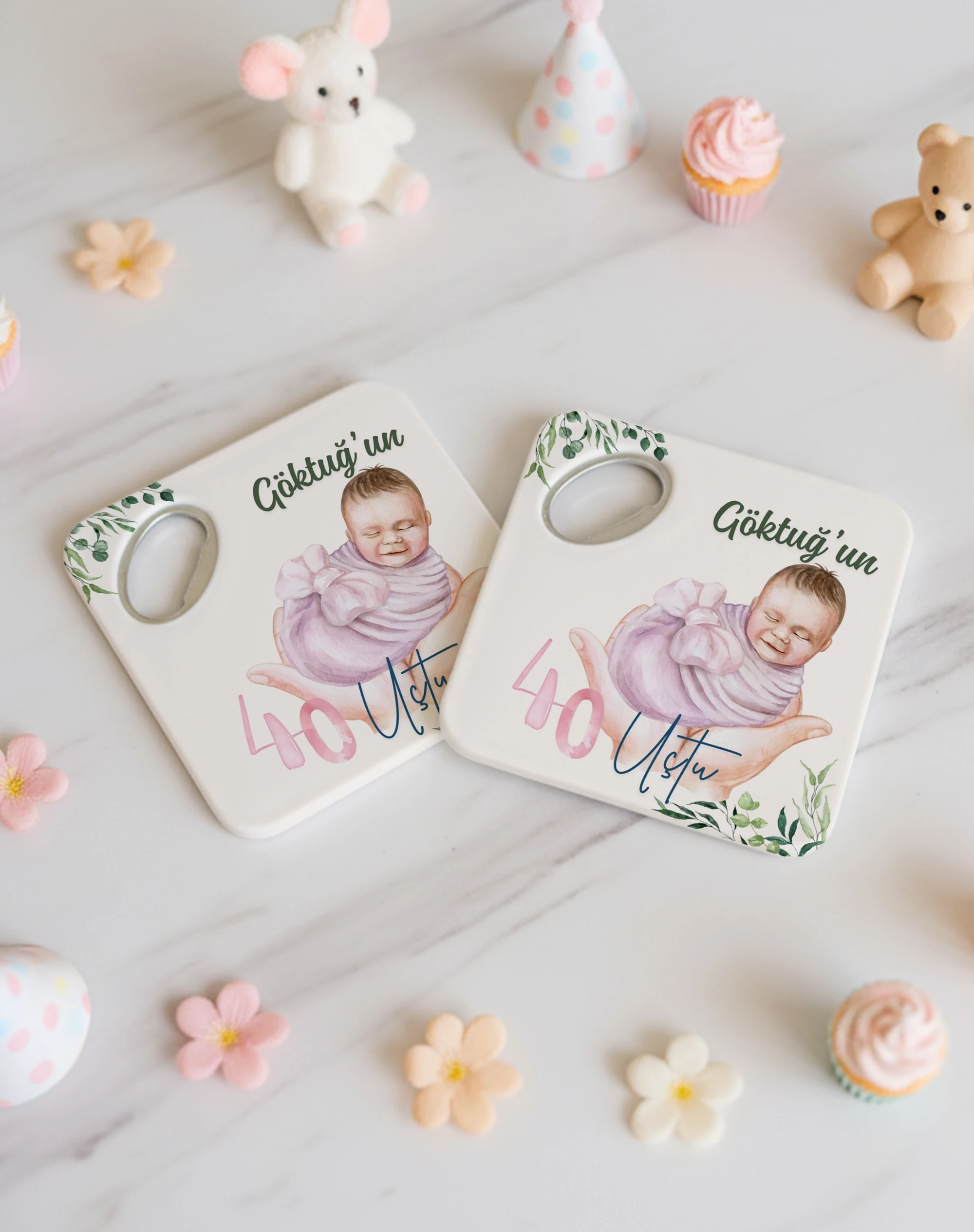 40 Ustu Bebek Temalı Kişiye Özel Magnet Açacak Bardak Altlığı, 8x8 cm, 20 Adet