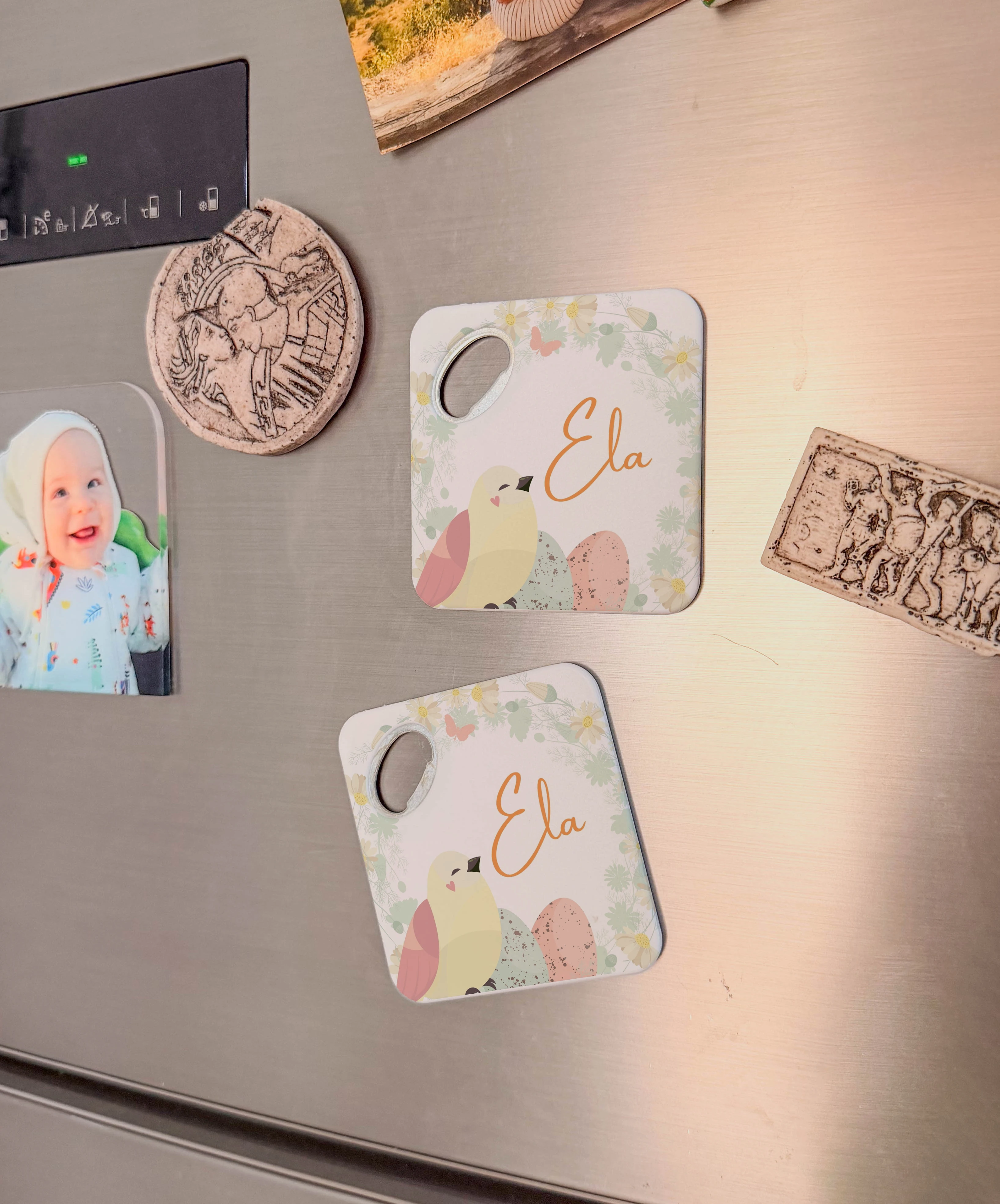 Kuş ve Yumurtalı Çiçekli Bebek Tasarım Doğal Taş Magnet Açacak & Bardak Altlığı 20 Adet