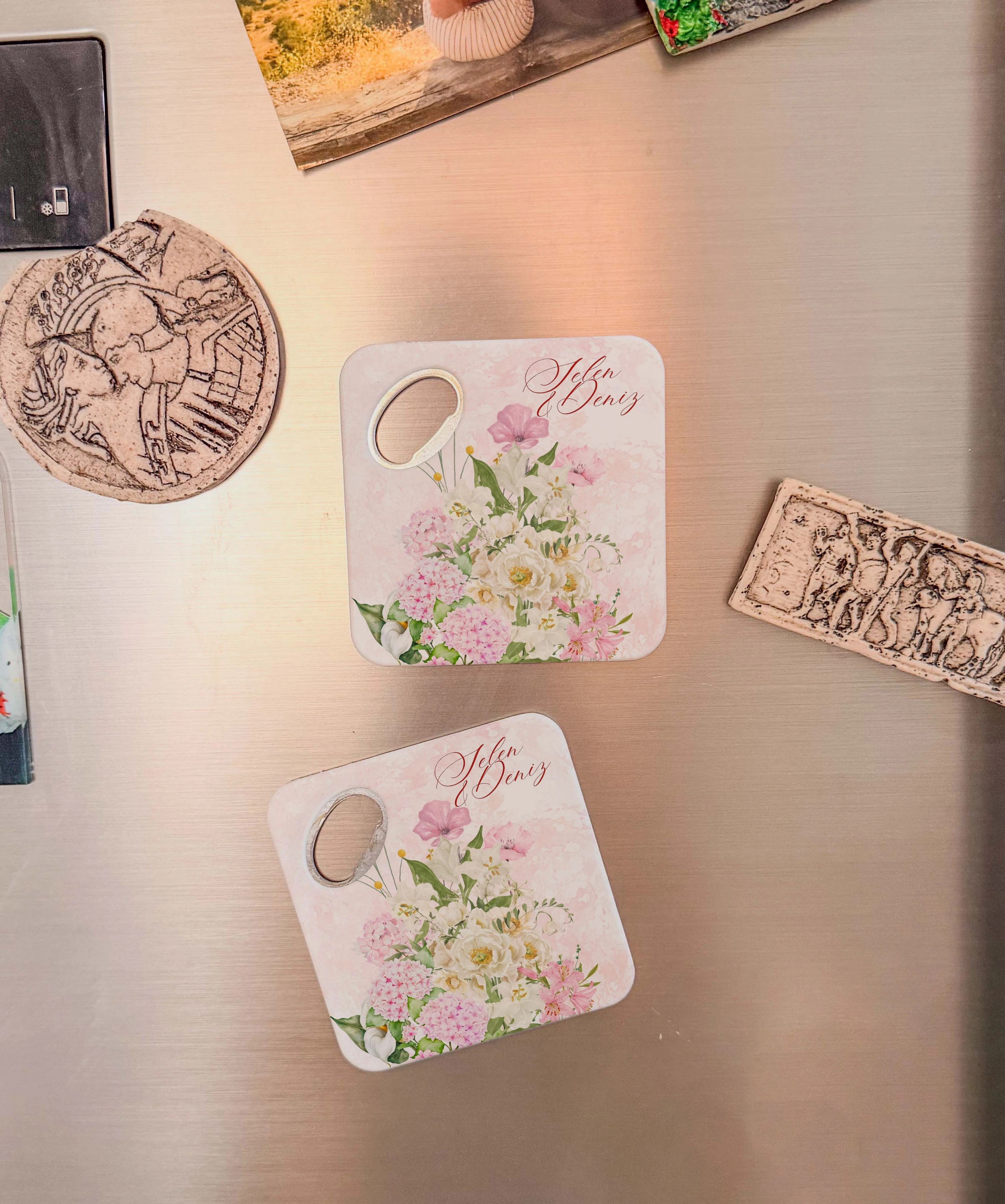 Pudra çiçek desenli kişiye özel magnet açacak bardak altlığı düğün nişan bebek 20 adet