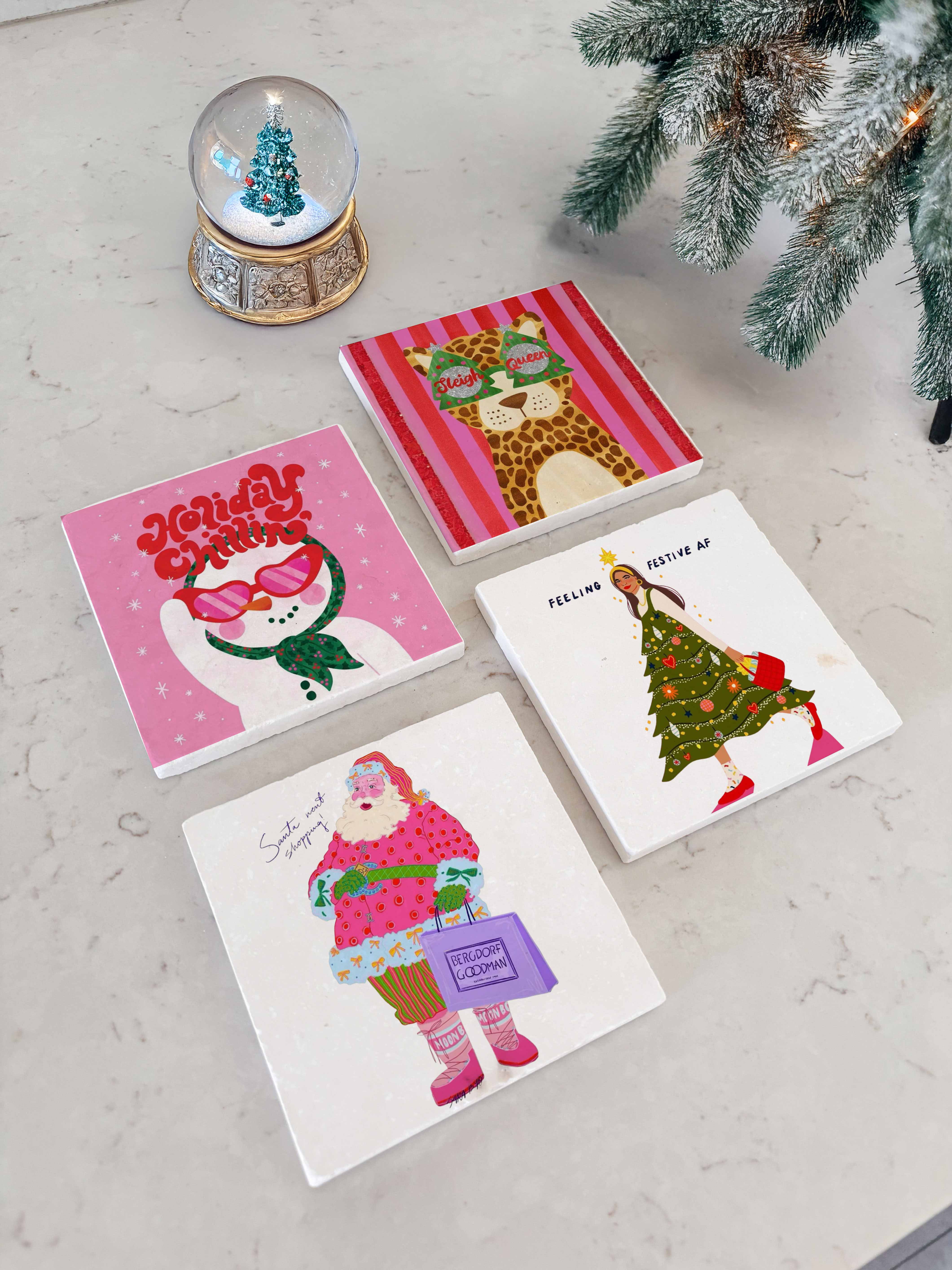 Renkli Noel Karakterli Doğal Taş Bardak Altlığı, Yılbaşı Hediyesi, Ev Dekoru, 4’lü