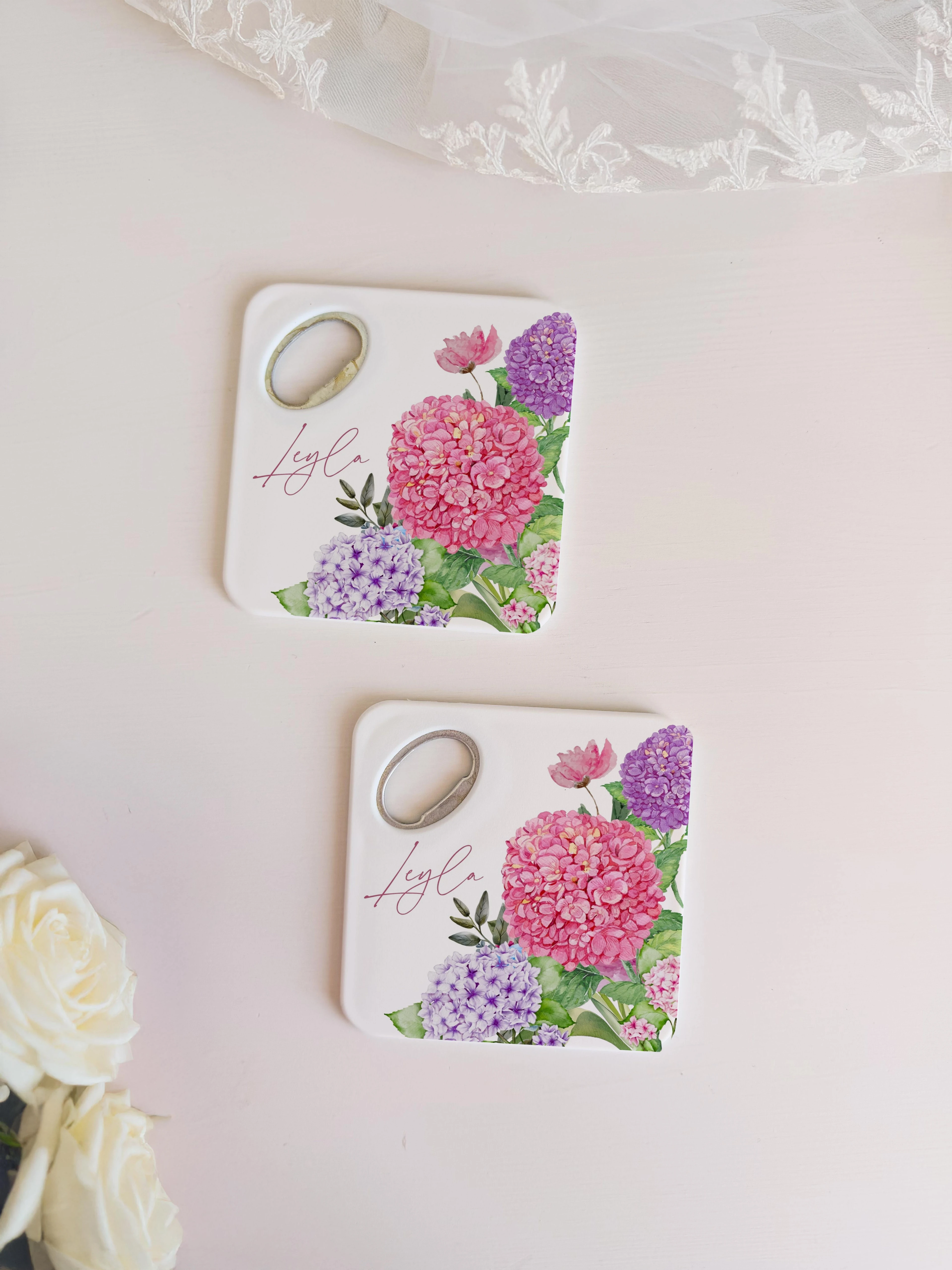 Pembe çiçek desenli kişiye özel magnet açacak bardak altlığı düğün nişan bebek hediyelik 20 adet