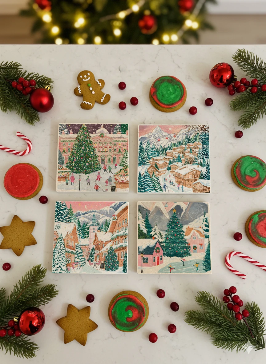 Kış Köyü ve Yılbaşı Kasabası Desenli Doğal Taş Bardak Altlığı, Ev Dekoru, Yılbaşı Hediyesi, 4’lü