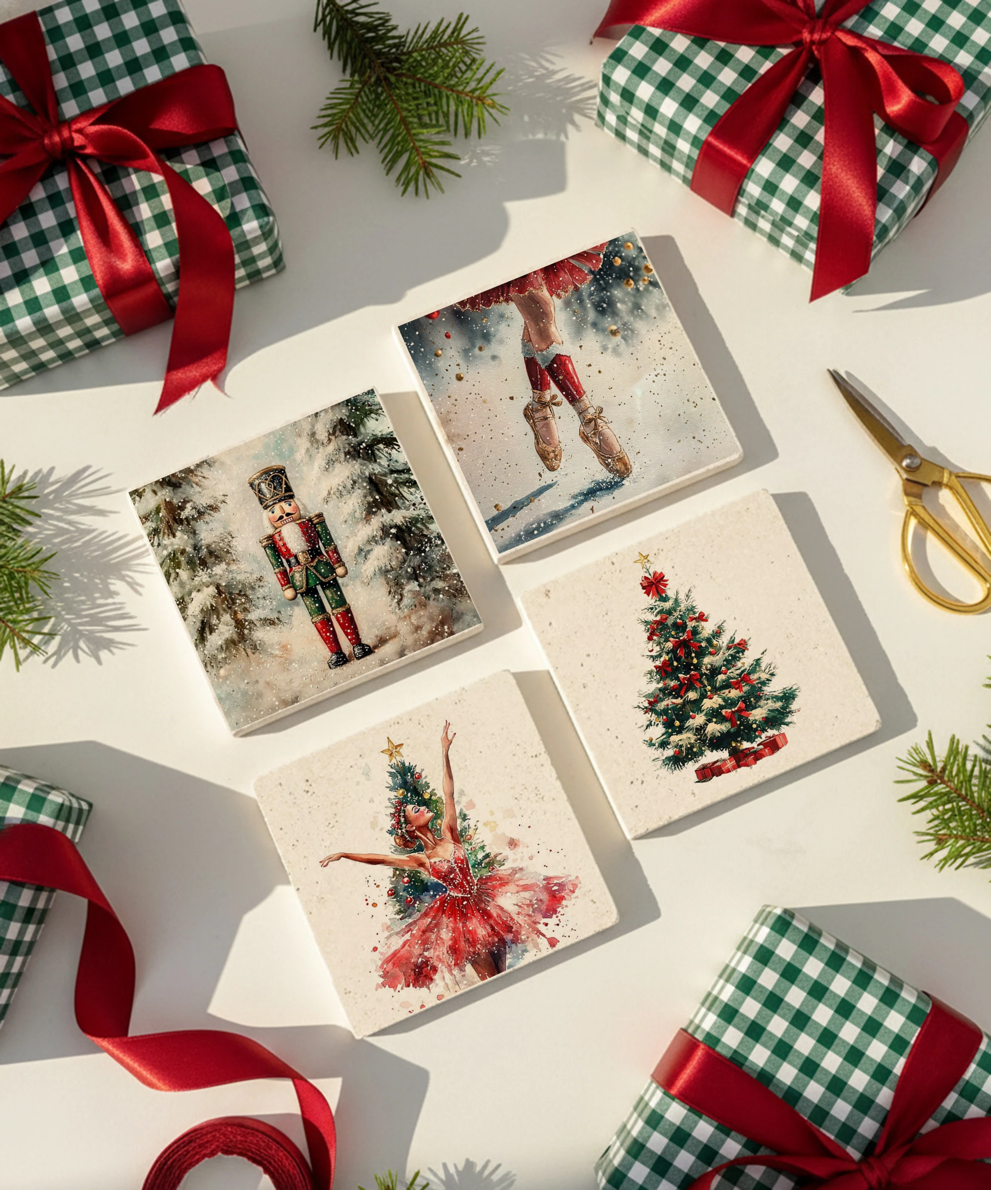 Fındıkkıran ve Balerin Desenli Doğal Taş Bardak Altlığı, Ev Dekoru, Yılbaşı Hediyesi, 4’lü