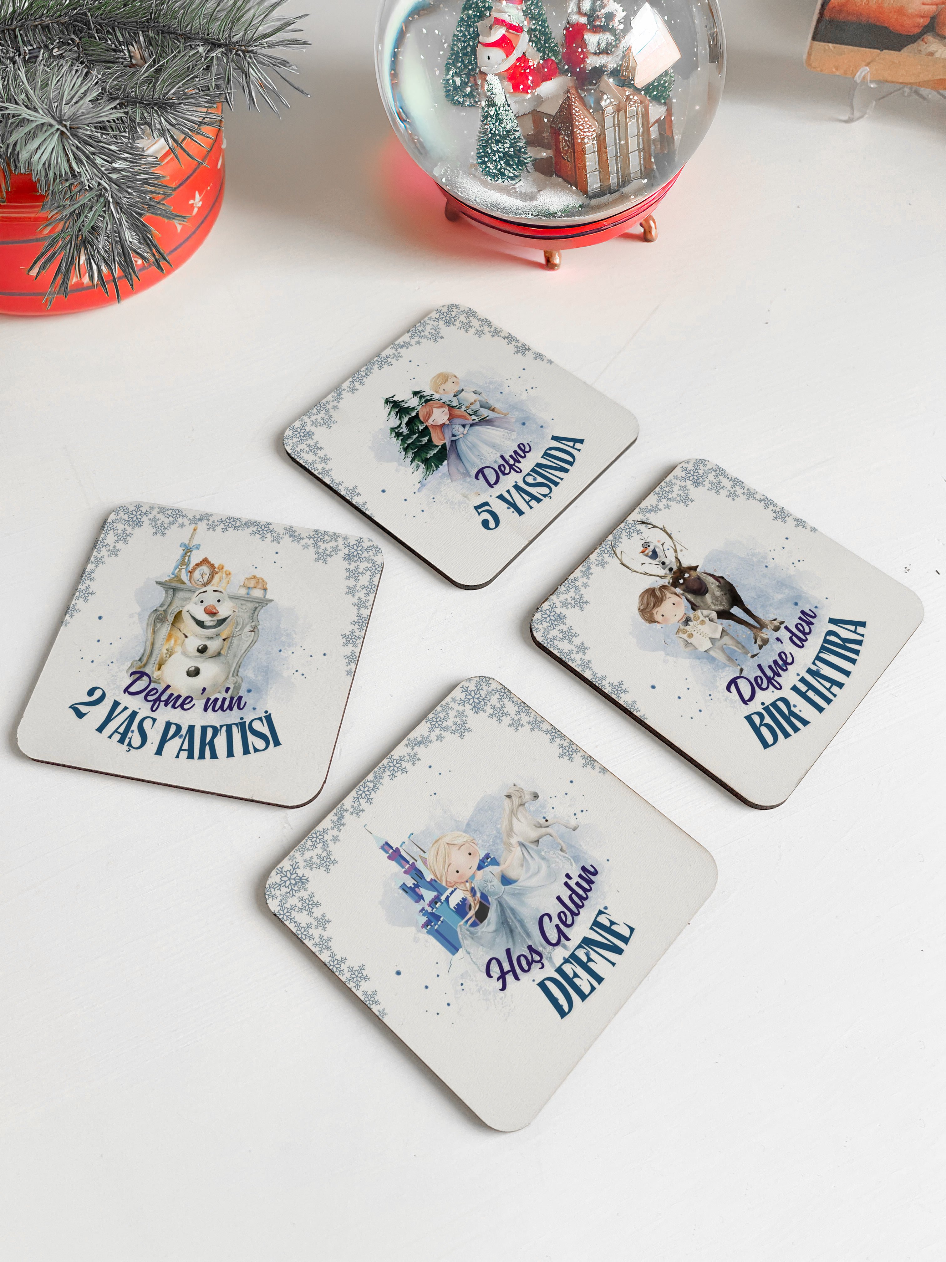Frozen Temalı Kişiye Özel Bardak Altlığı Elsa, Anna Desenli Doğum Günü Hediyesi 24 Adet