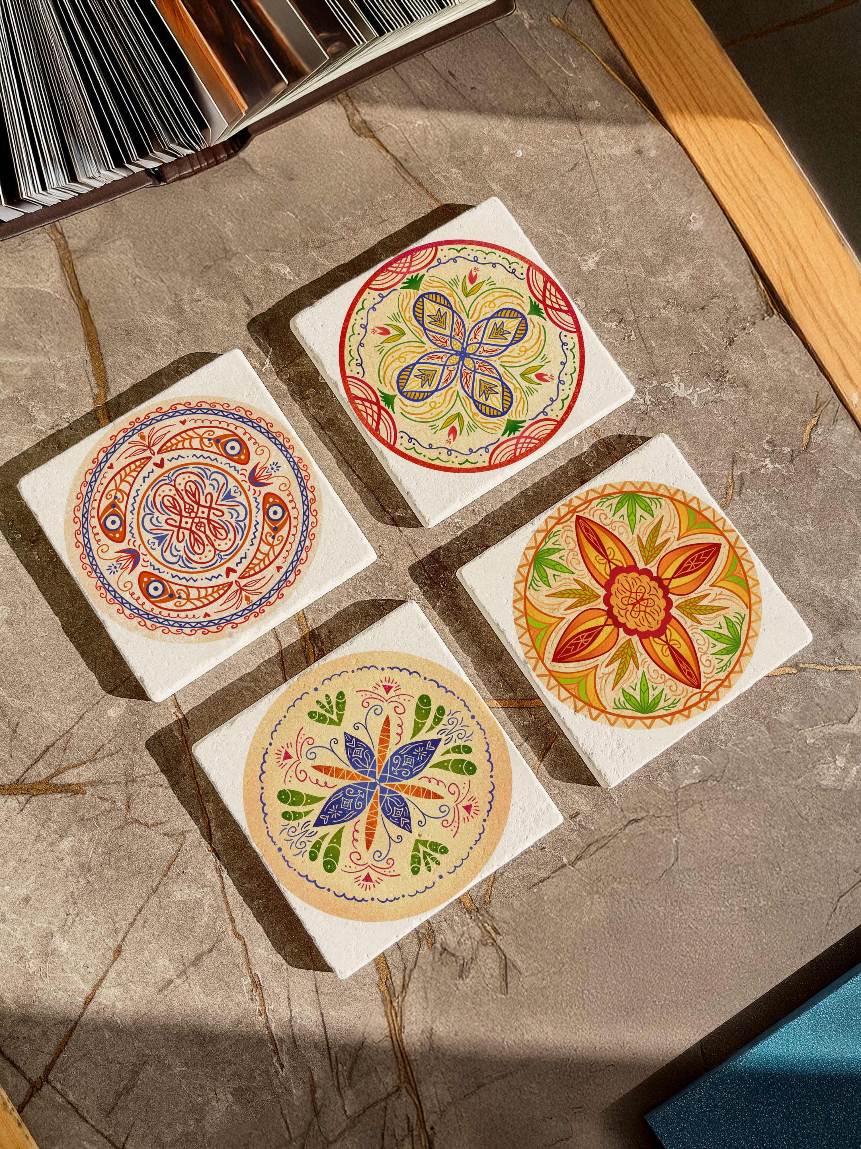 Etnik Desenli Mandala Doğal Taş Bardak Altlığı, Mandala, Dekoratif Şık Tasarım, 4’lü Set