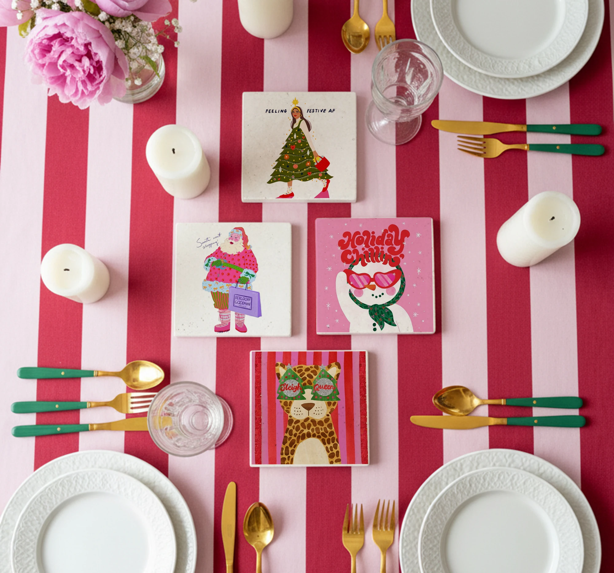 Renkli Noel Karakterli Doğal Taş Bardak Altlığı, Yılbaşı Hediyesi, Ev Dekoru, 4’lü