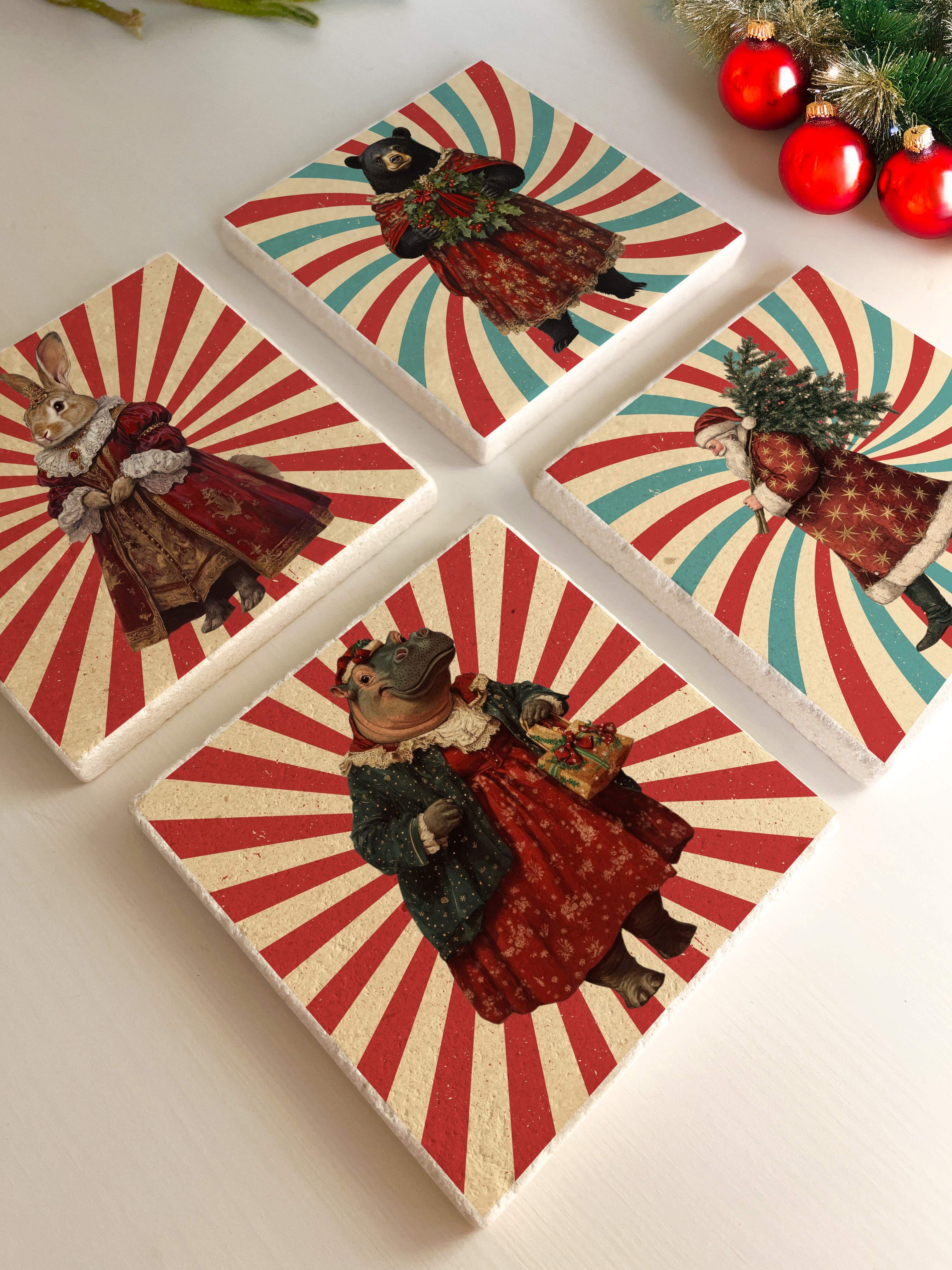 Vintage Noel Figürlü Desenli Doğal Taş Bardak Altlığı, Yılbaşı Hediyesi, 4’lü