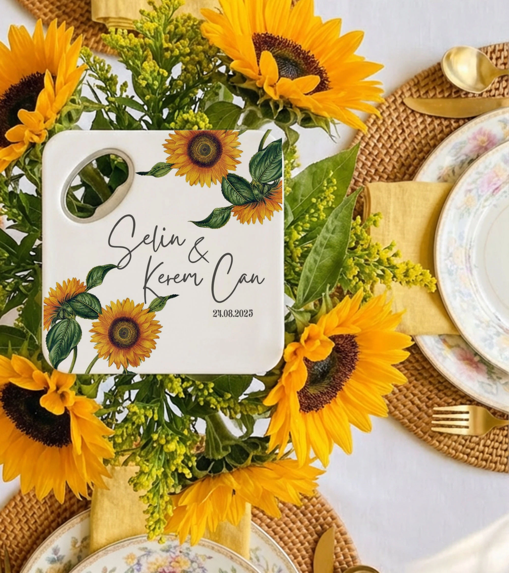 Ayçiçek desenli beyaz tasarım magnet açacak bardak altlığı kişiye özel düğün nişan hediyelik 20 adet