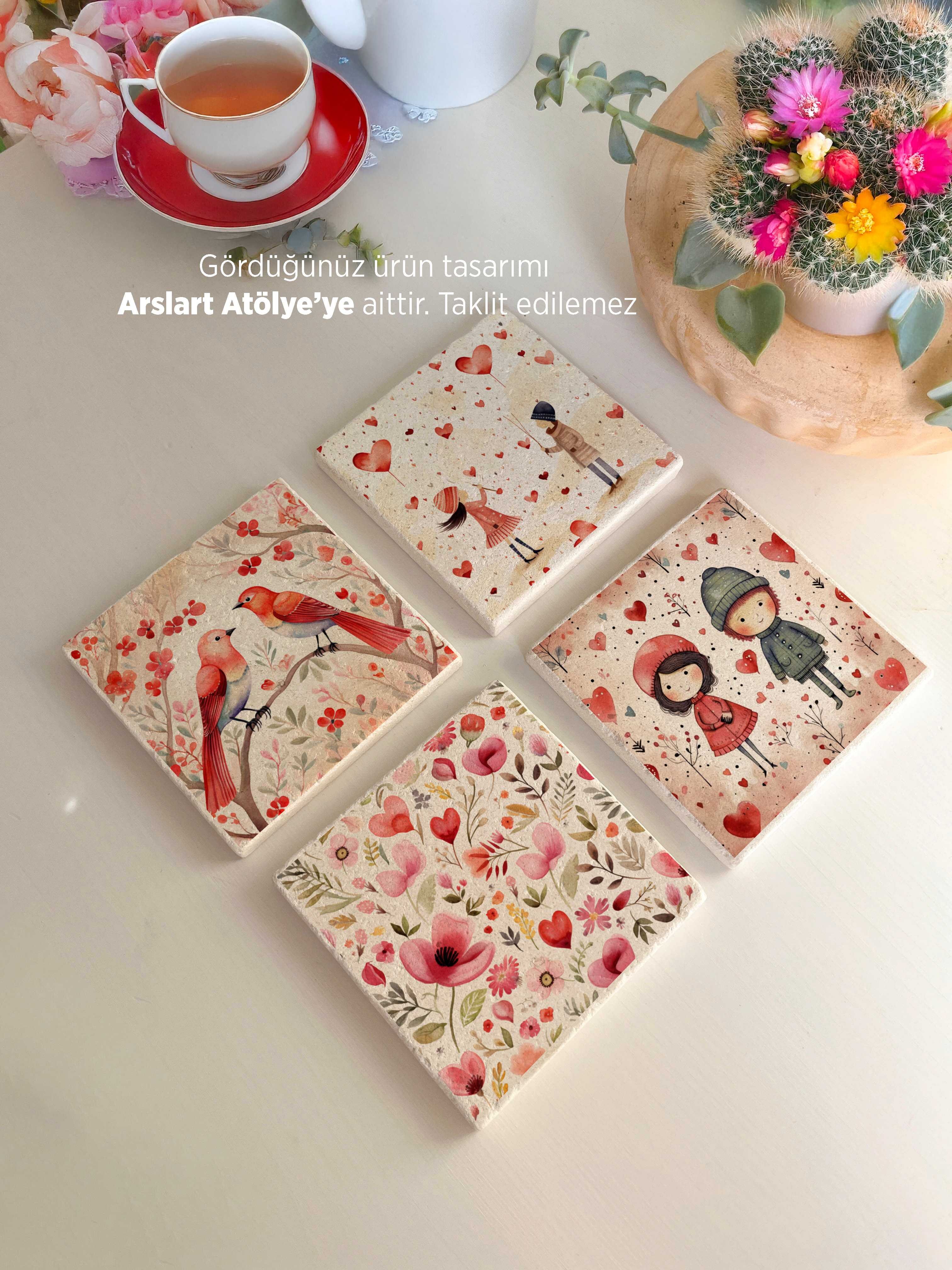 Romantik ve Kuş Temalı Doğal Taş Bardak Altlıkları