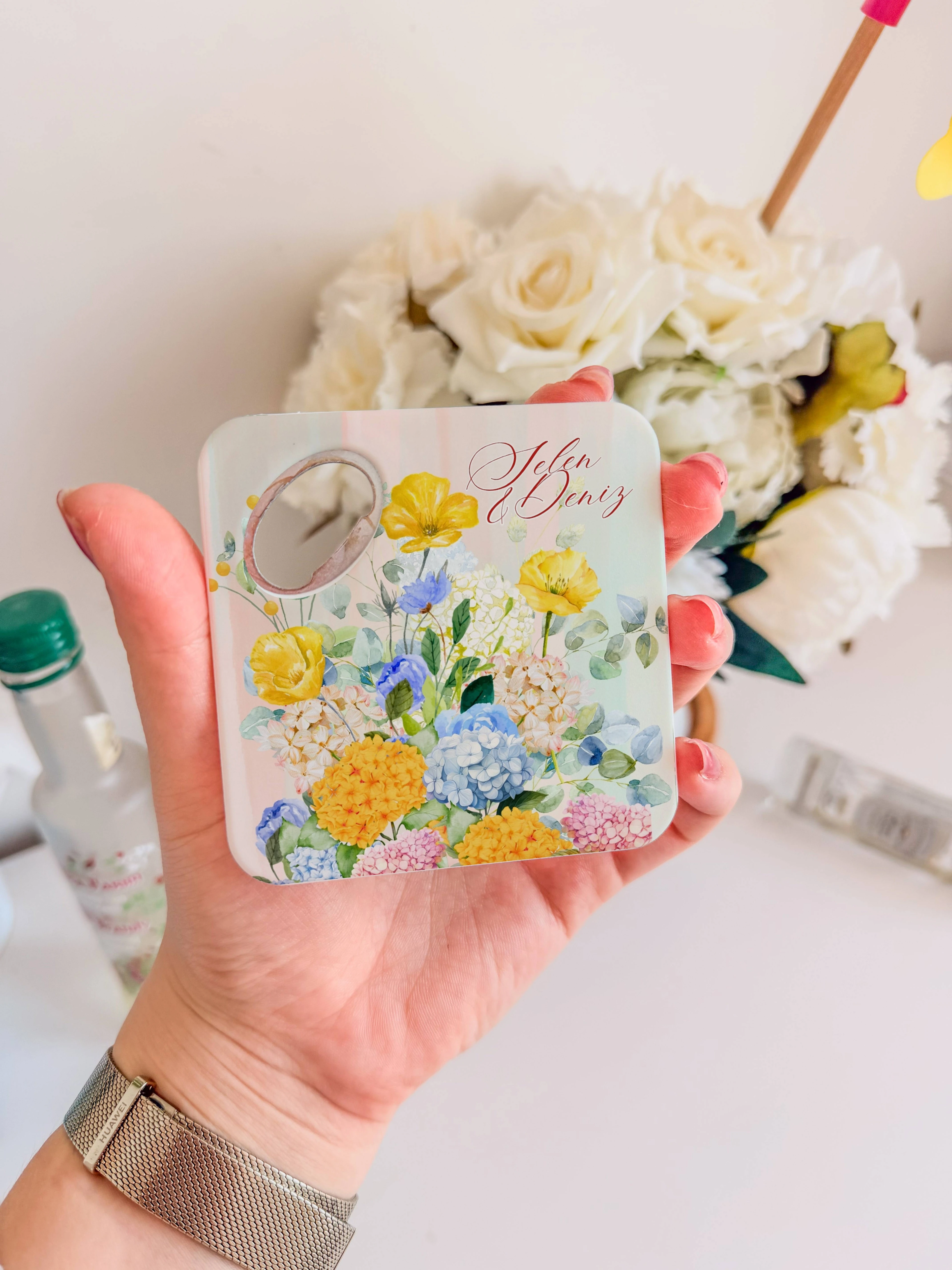 Pastel çiçek desenli kişiye özel magnet açacak bardak altlığı düğün nişan bebek 20 adet