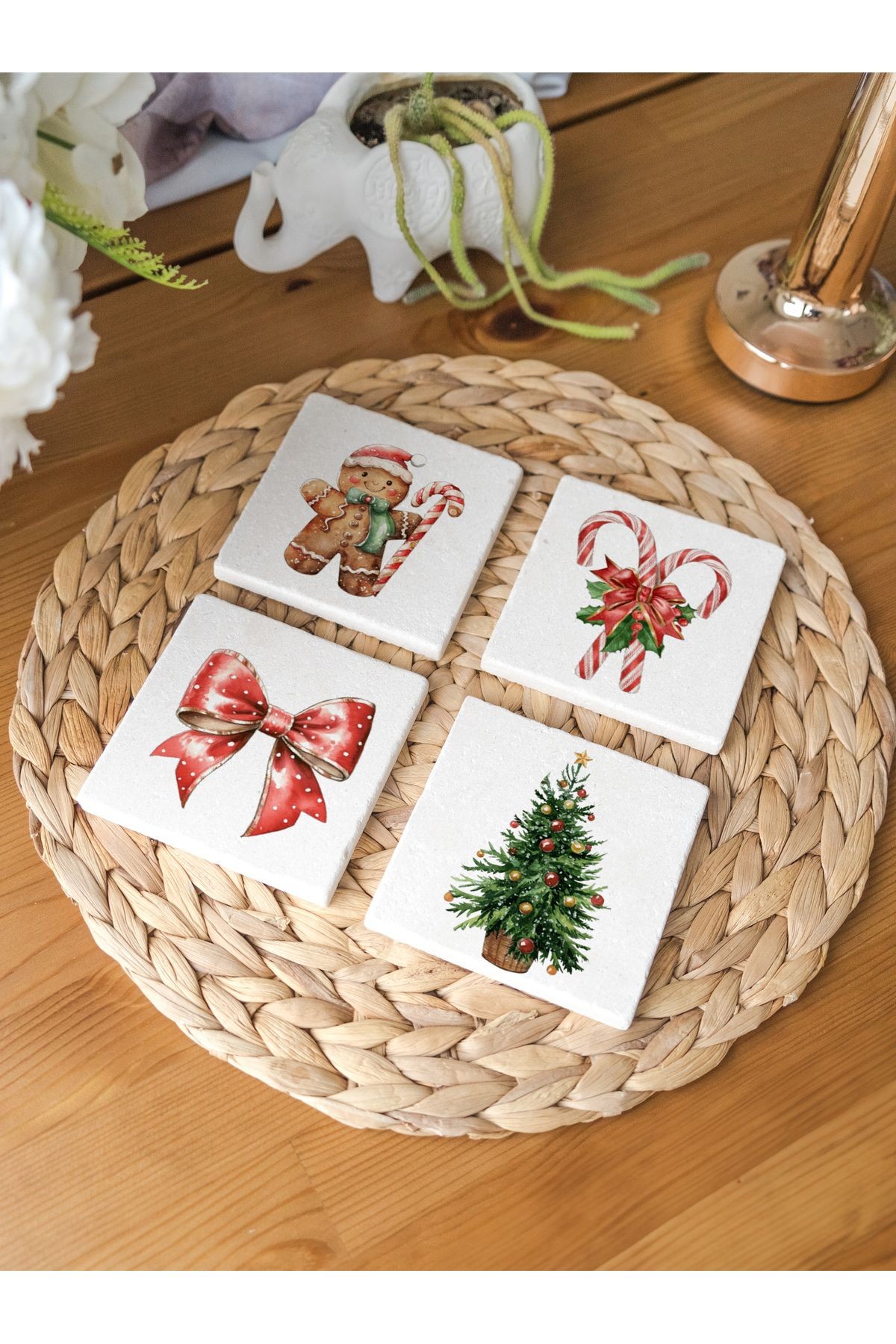 Atölye Gingerbread ve Şeker Temalı Bardak Altlığı 4’lü Set Doğal Taş Traverten (10x10 cm)