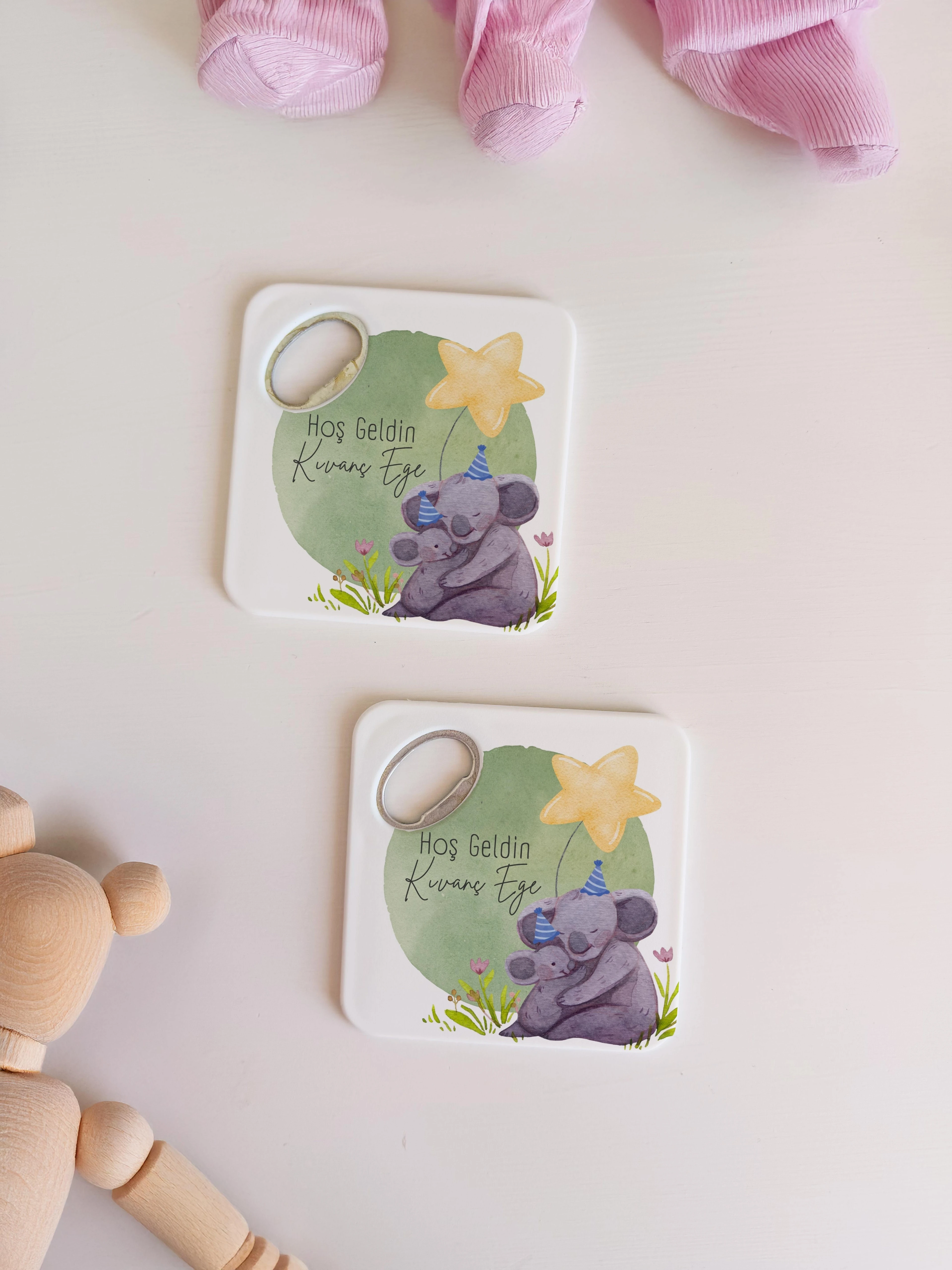 Koala Temalı Hoş Geldin Bebek Tasarım Doğal Taş Magnet Açacak & Bardak Altlığı 20 Adet