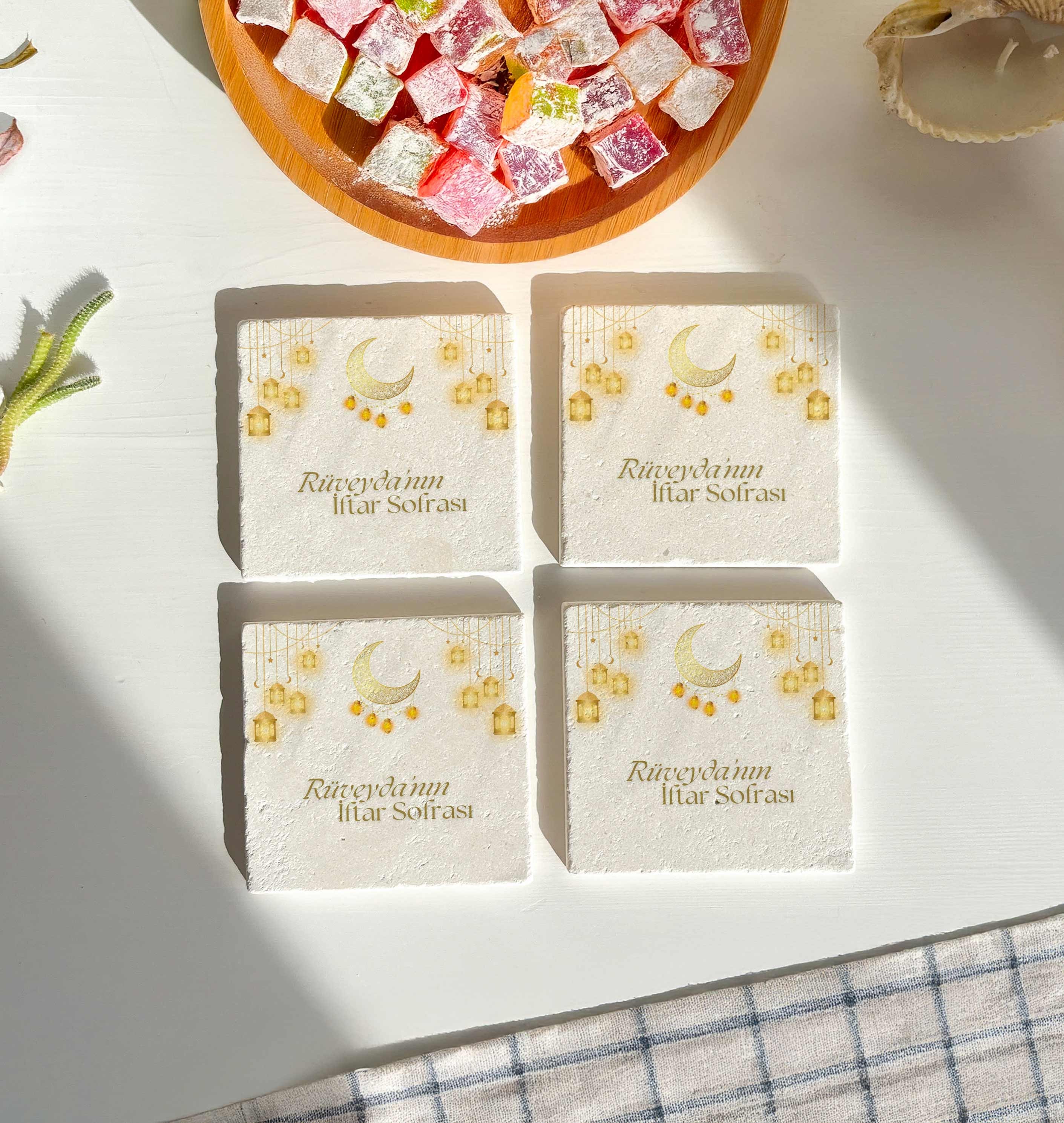 Ramazan, İftar Sofrası, Hilalli Gold Tasarım 4’lü Kişiye Özel Doğal Taş Bardak Altlığı,
