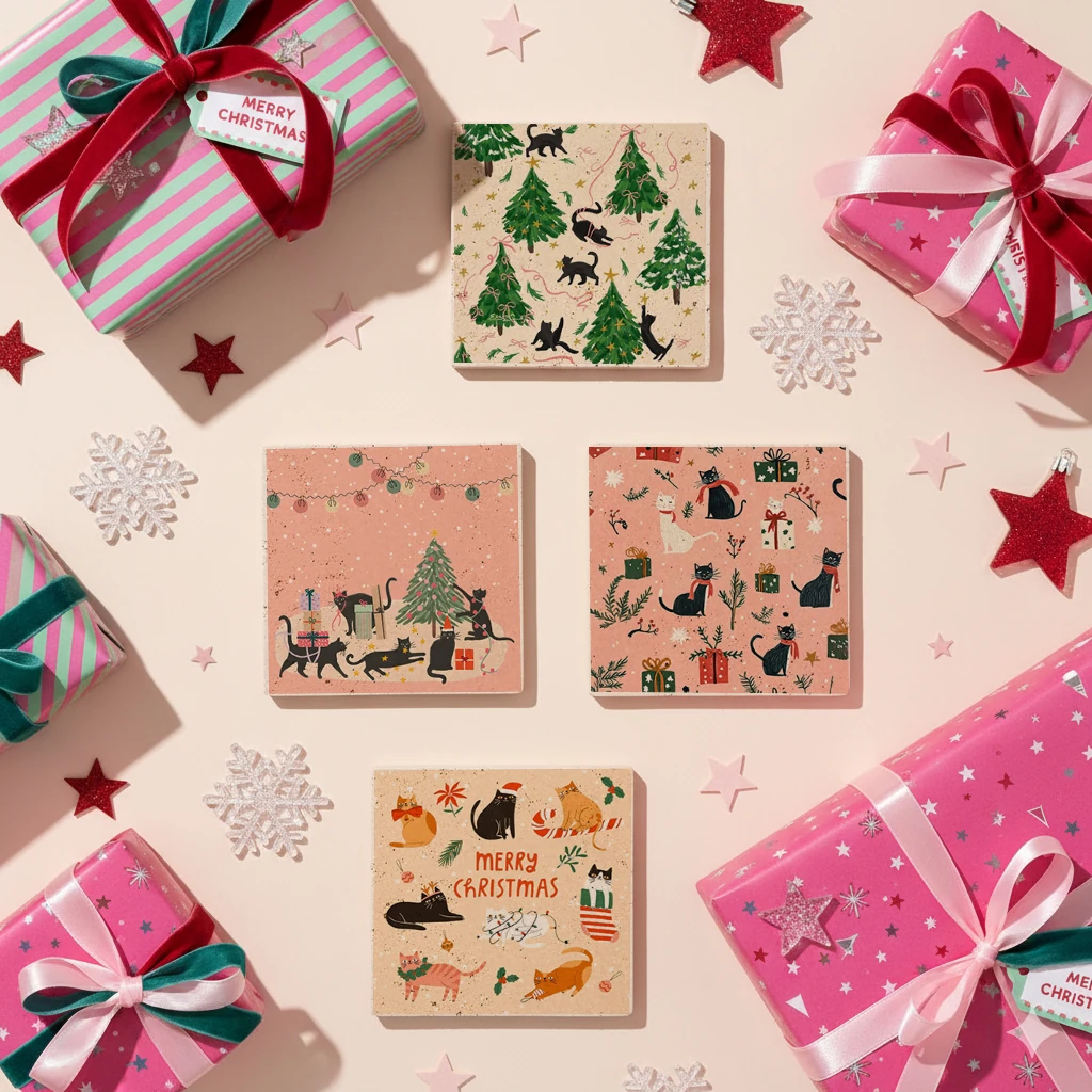 Kedi Desenli Doğal Taş Bardak Altlığı, Sevimli Noel Teması, Yılbaşı Hediyesi, 4’lü