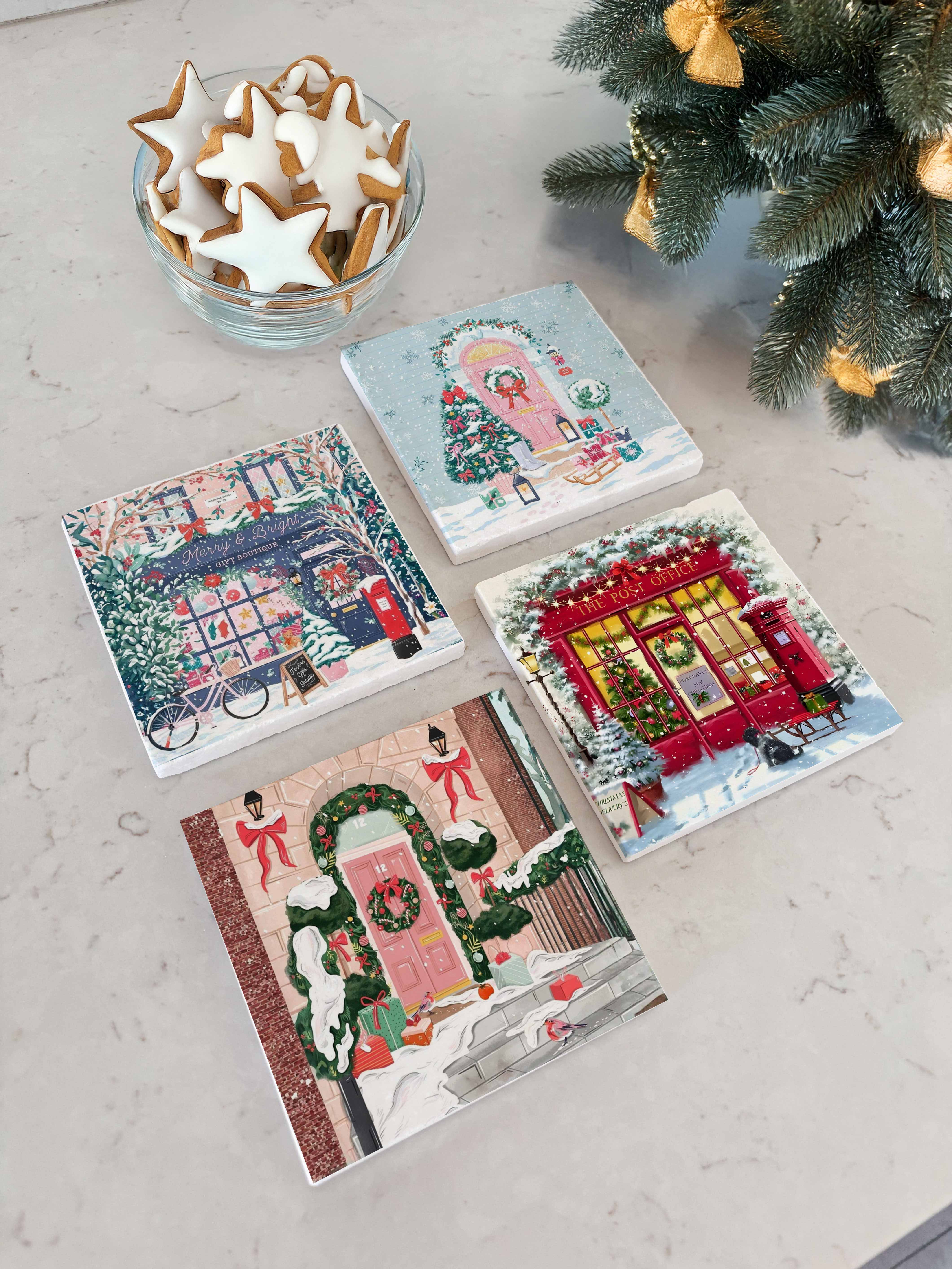 Karlı Sokak ve Kapı Desenli Doğal Taş Bardak Altlığı, Ev Dekoru, Yılbaşı Hediyesi, 4’lü