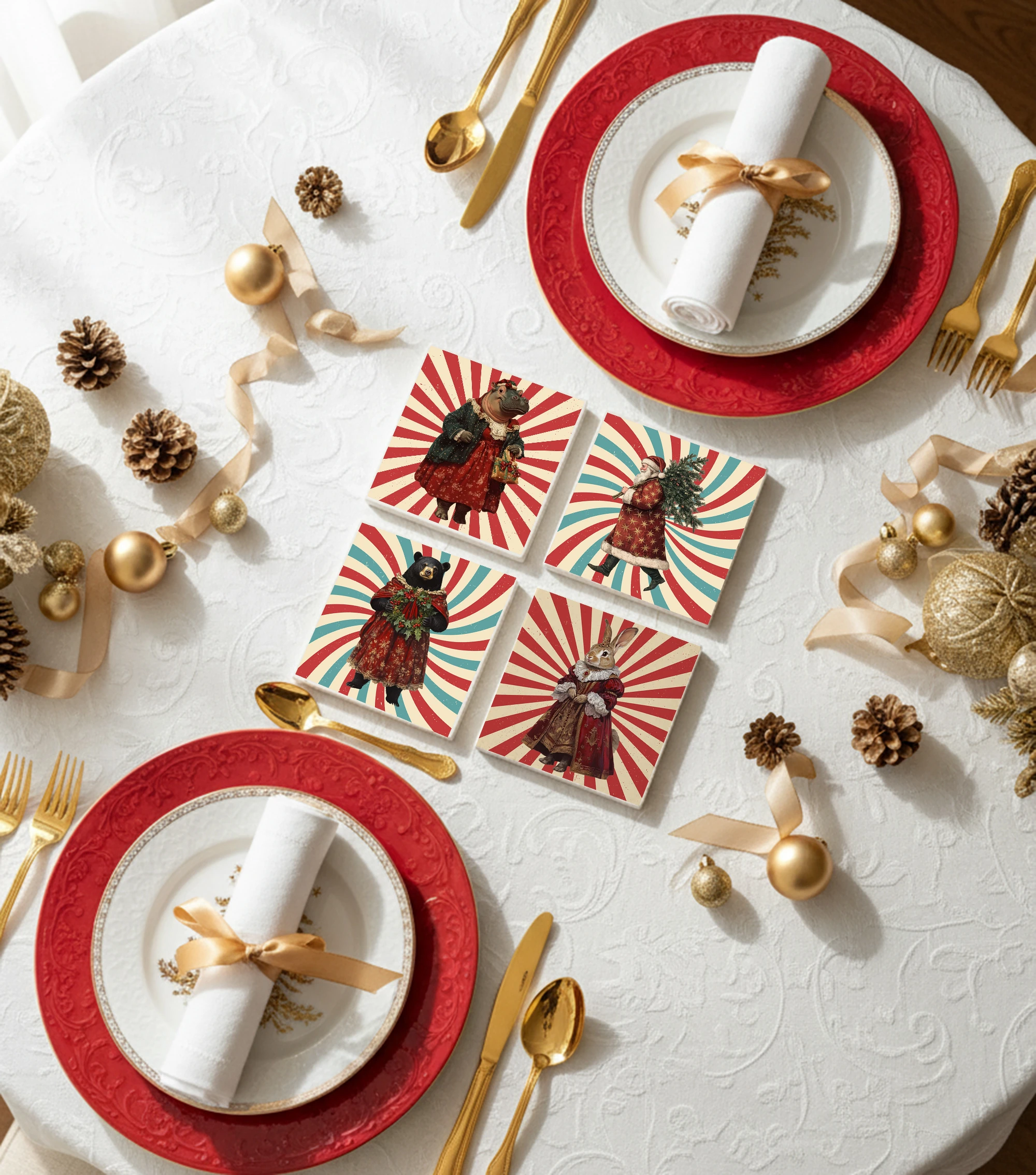 Vintage Noel Figürlü Desenli Doğal Taş Bardak Altlığı, Yılbaşı Hediyesi, 4’lü