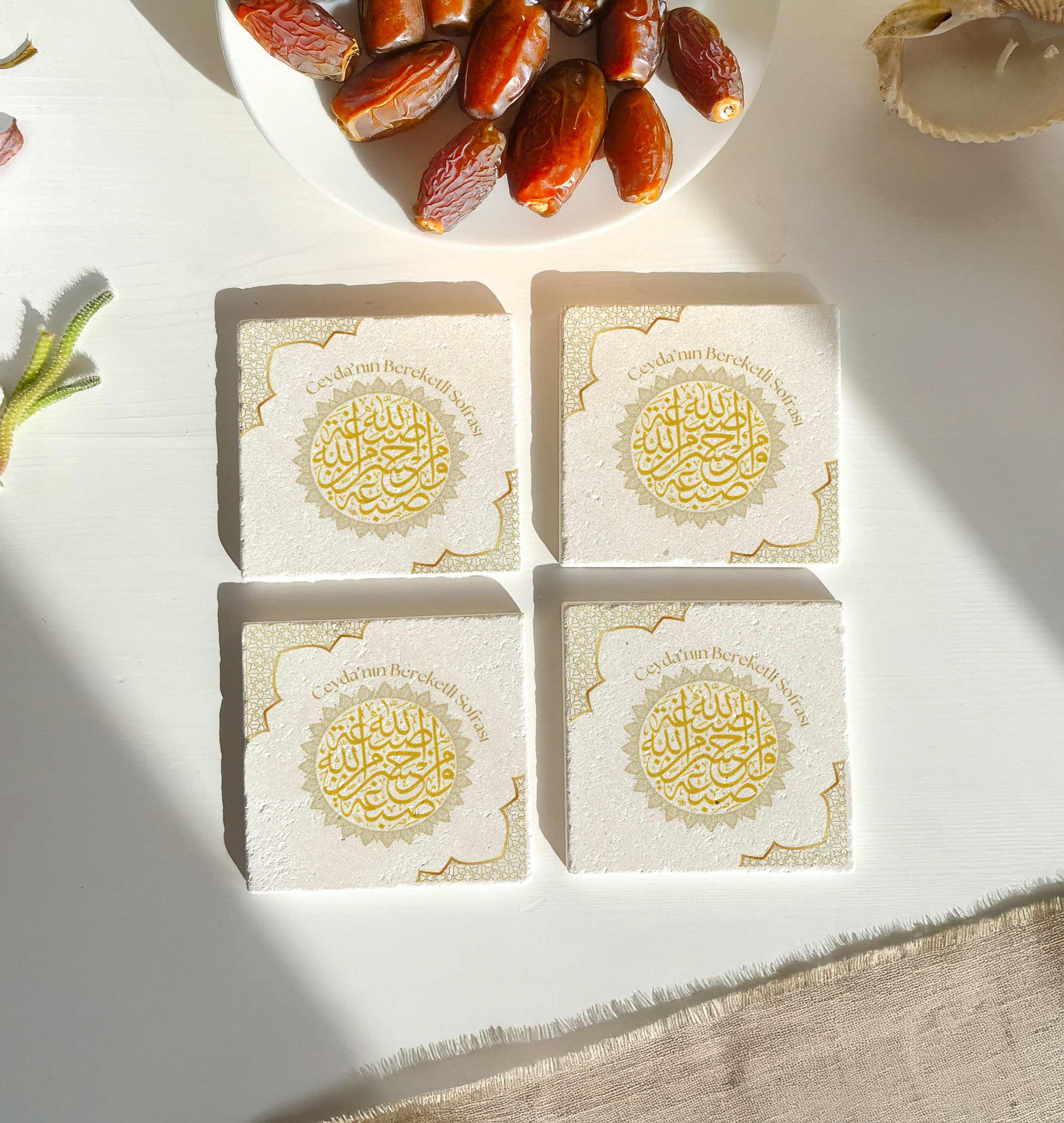 Ramazan, İftar Sofrası, Bereket Duası Kahve Sunumu 4’lü Kişiye Özel Doğal Taş Bardak Altlığı
