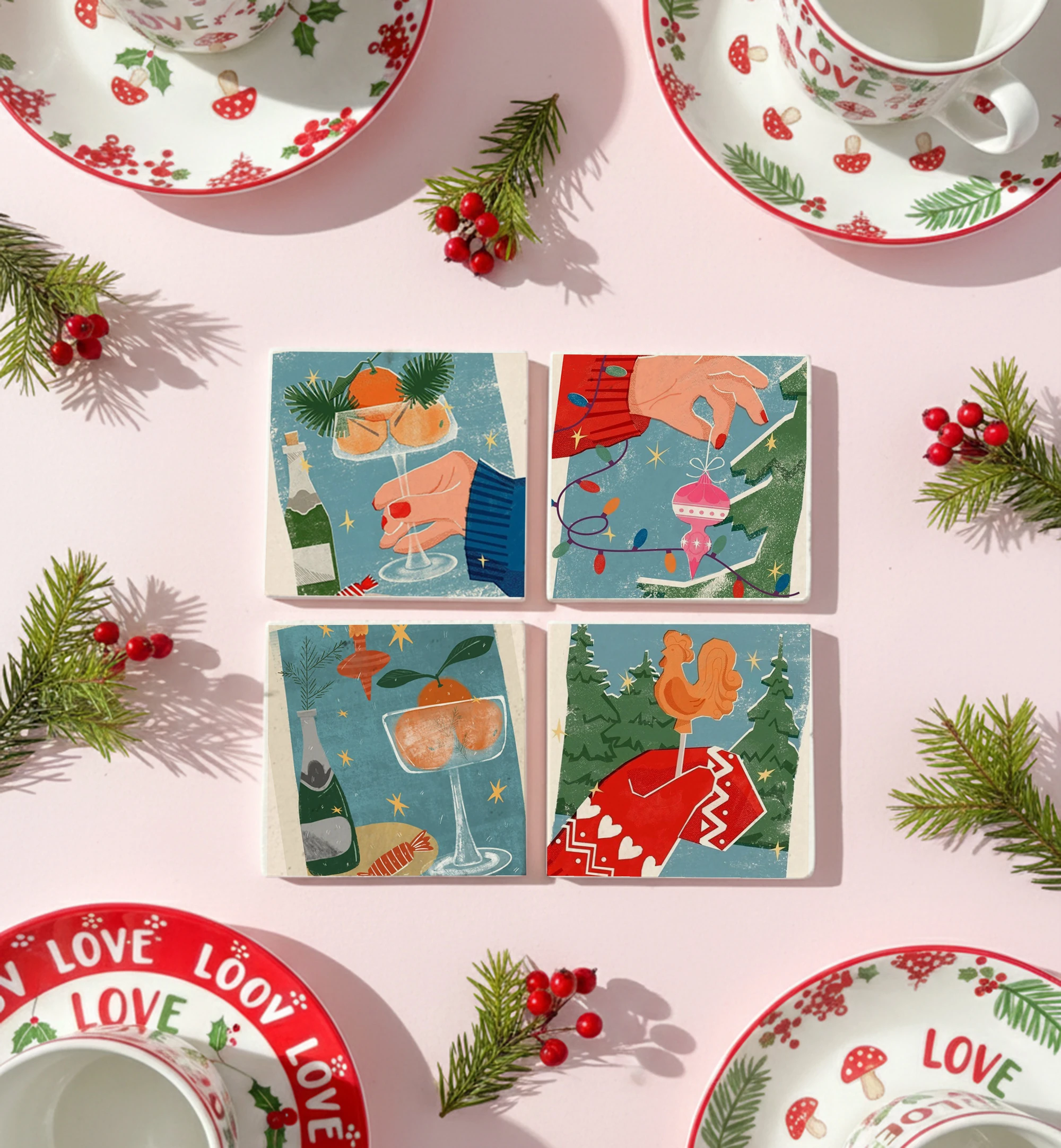 Yılbaşı Kutlama Temalı Doğal Taş Bardak Altlığı, Şampanya ve Ağaç Süslemeli, Yılbaşı Hediyesi, 4’lü