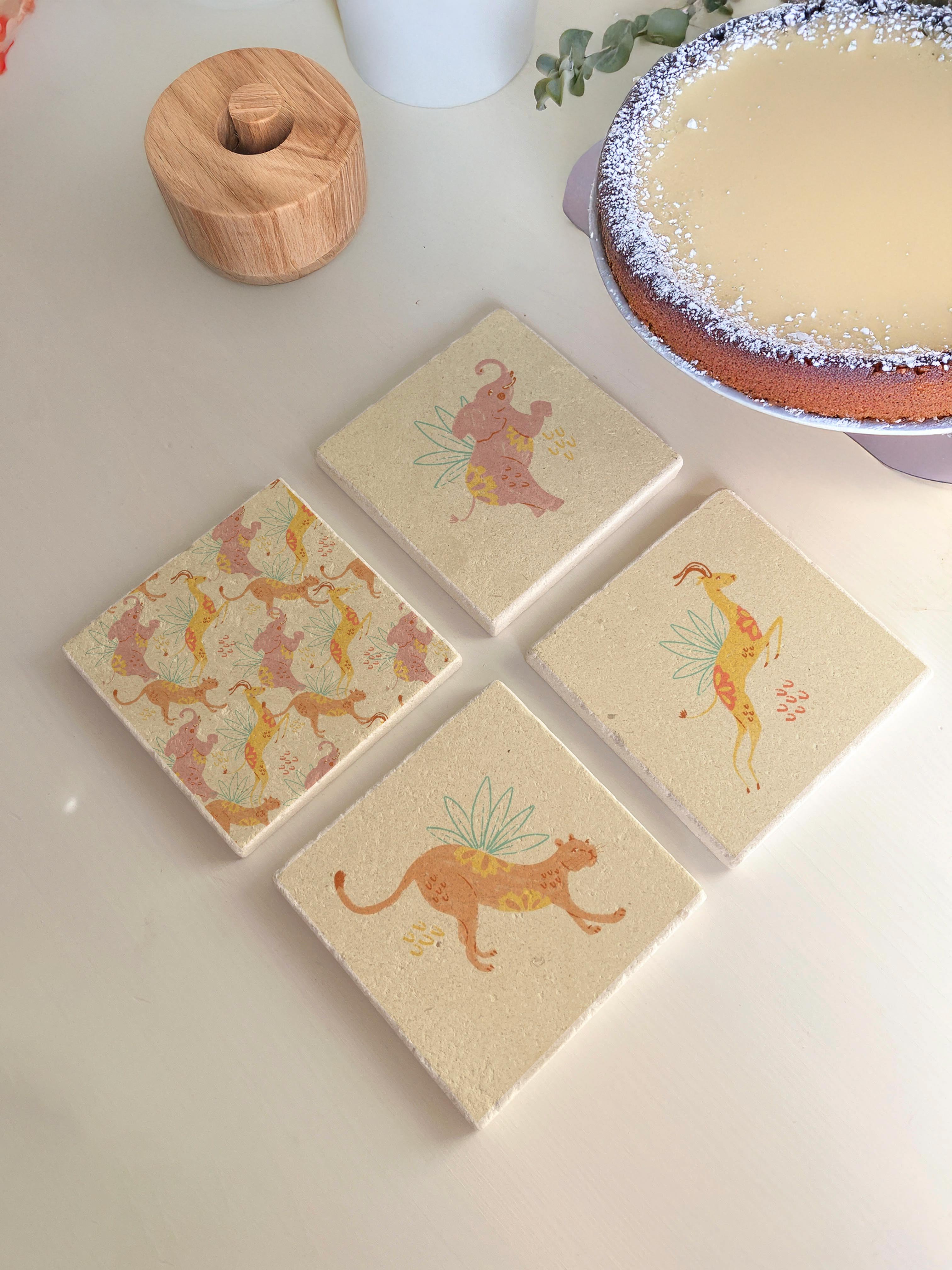 Pastel Hayvan Desenli Doğal Taş Bardak Altlığı 4’lü Set, Sevimli Sunum Ürünü