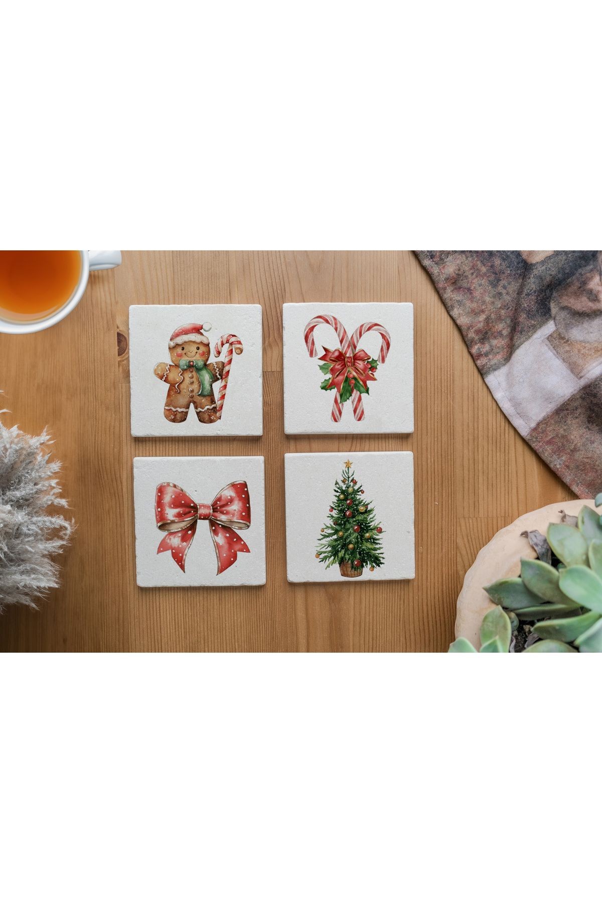 Atölye Gingerbread ve Şeker Temalı Bardak Altlığı 4’lü Set Doğal Taş Traverten (10x10 cm)