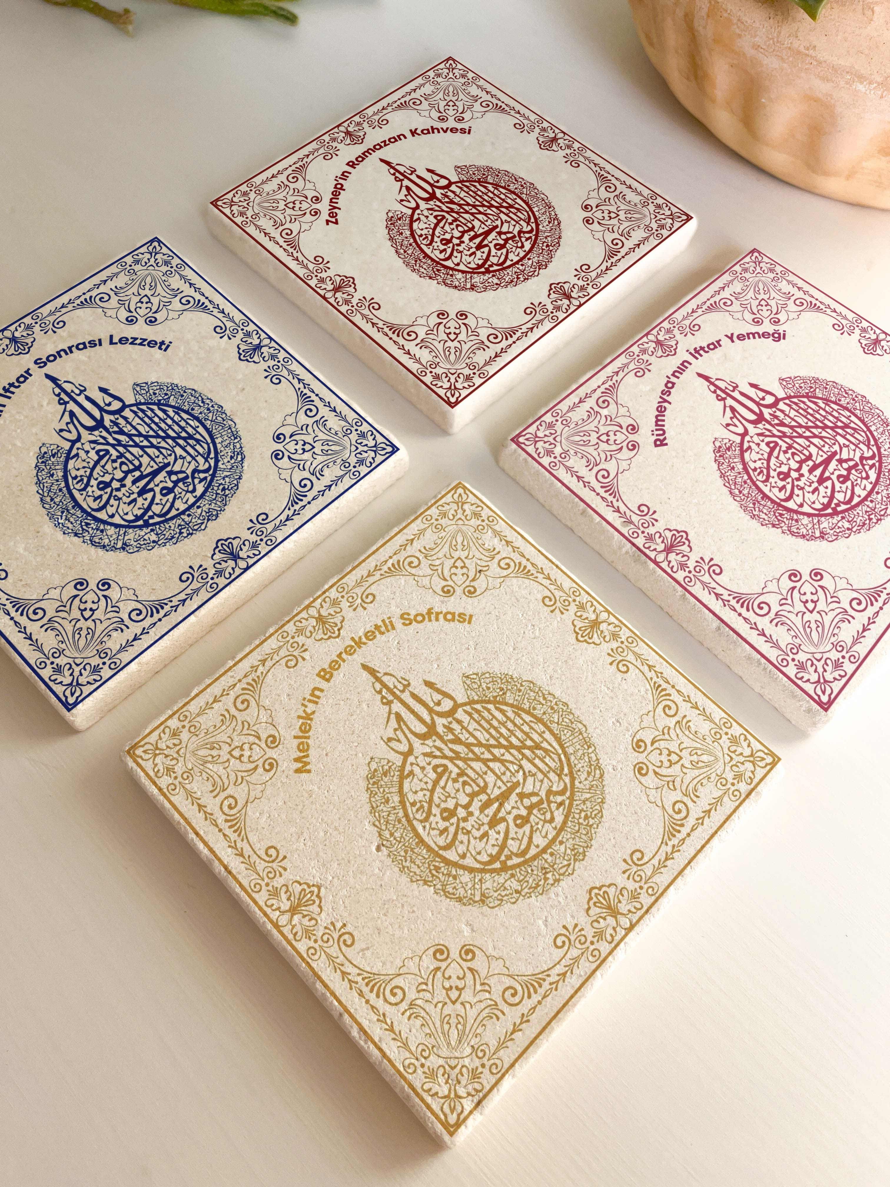 Ramazan, Ayetel Kürsi, İftar, Kahve Sunumu Dualı 4’lü Kişiye Özel Doğal Taş Bardak Altlığı, Ramazan, Ayetel Kürsi, İftar, Kahve Sunumu