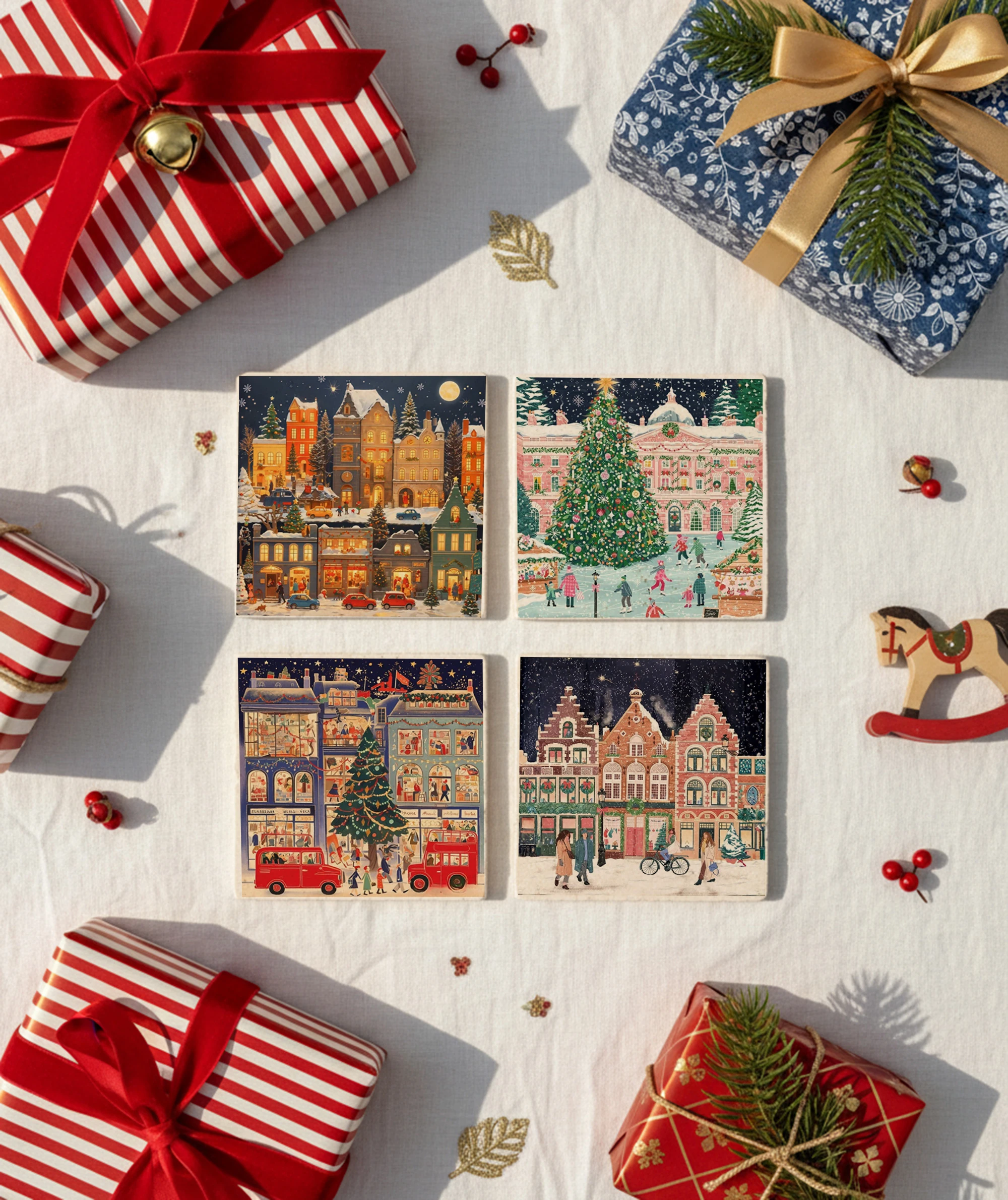 Noel Şehri ve Işıklı Sokaklar Desenli Doğal Taş Bardak Altlığı, Ev Dekoru, Yılbaşı Hediyesi, 4’lü