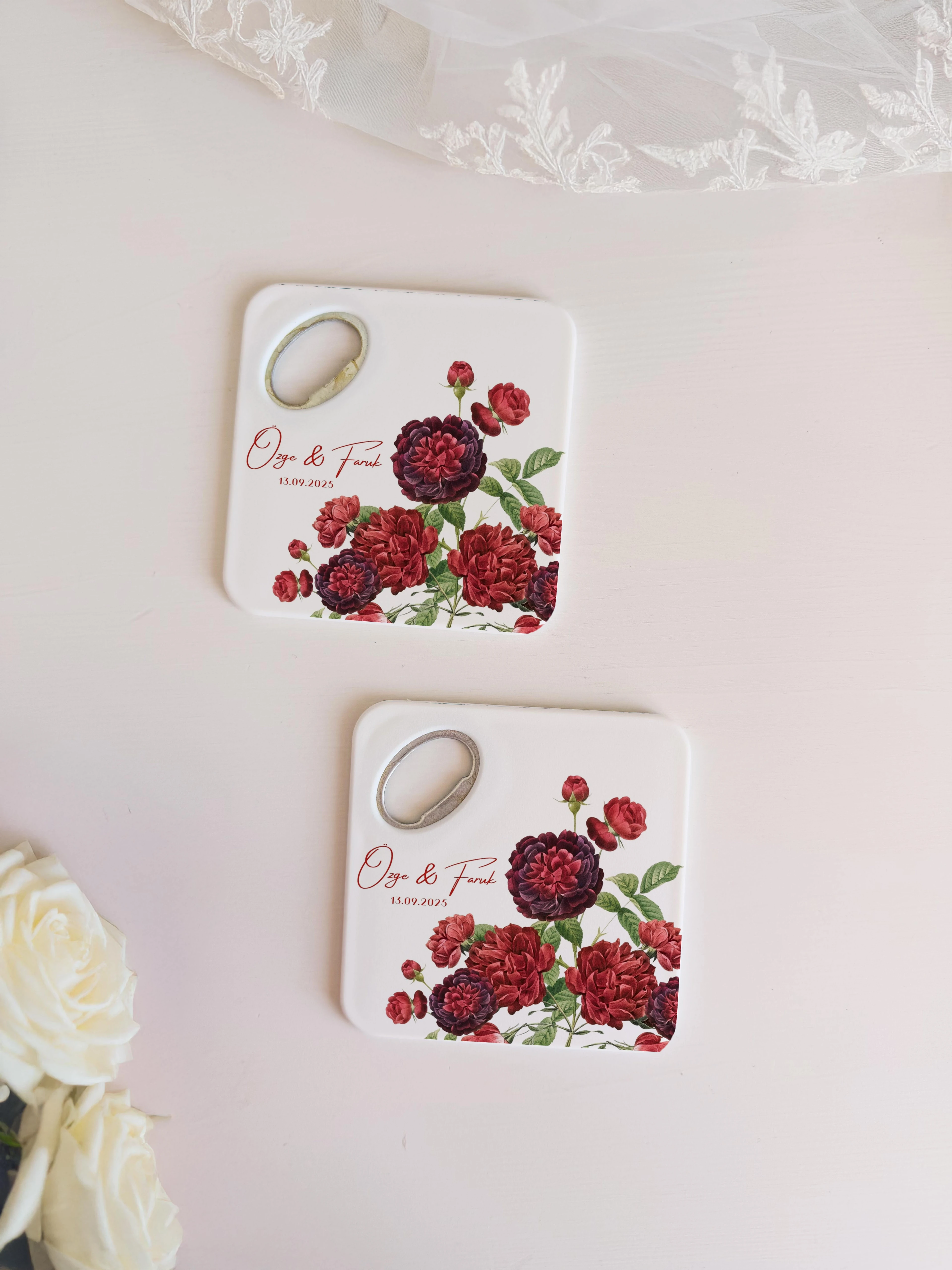 Bordo gül çiçek desenli kişiye özel magnet açacak bardak altlığı düğün nişan bebek 20 adet