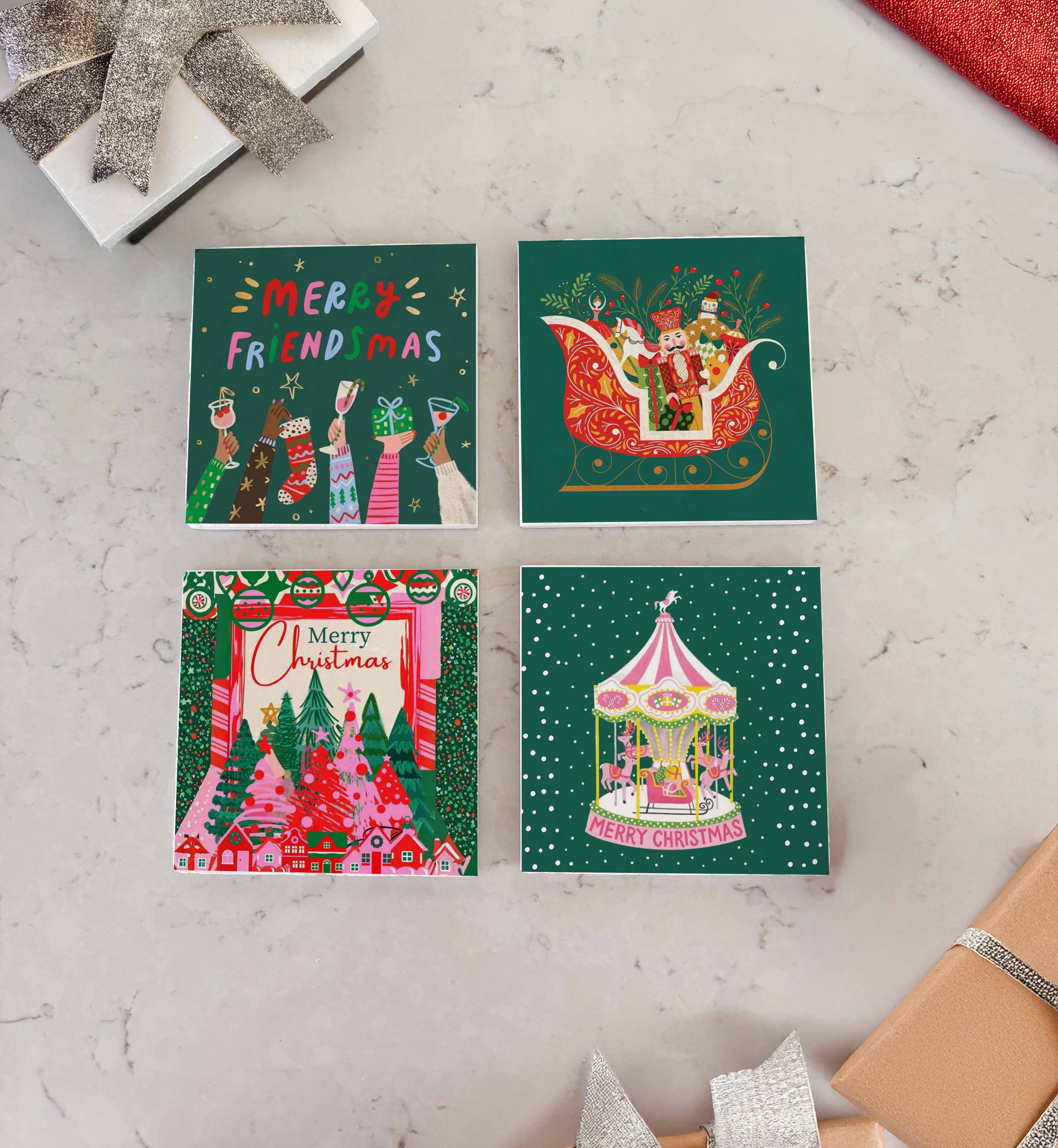 Renkli Merry Christmas Desenli Doğal Taş Bardak Altlığı, Eğlenceli Ev Dekoru, Yılbaşı Hediyesi, 4’lü