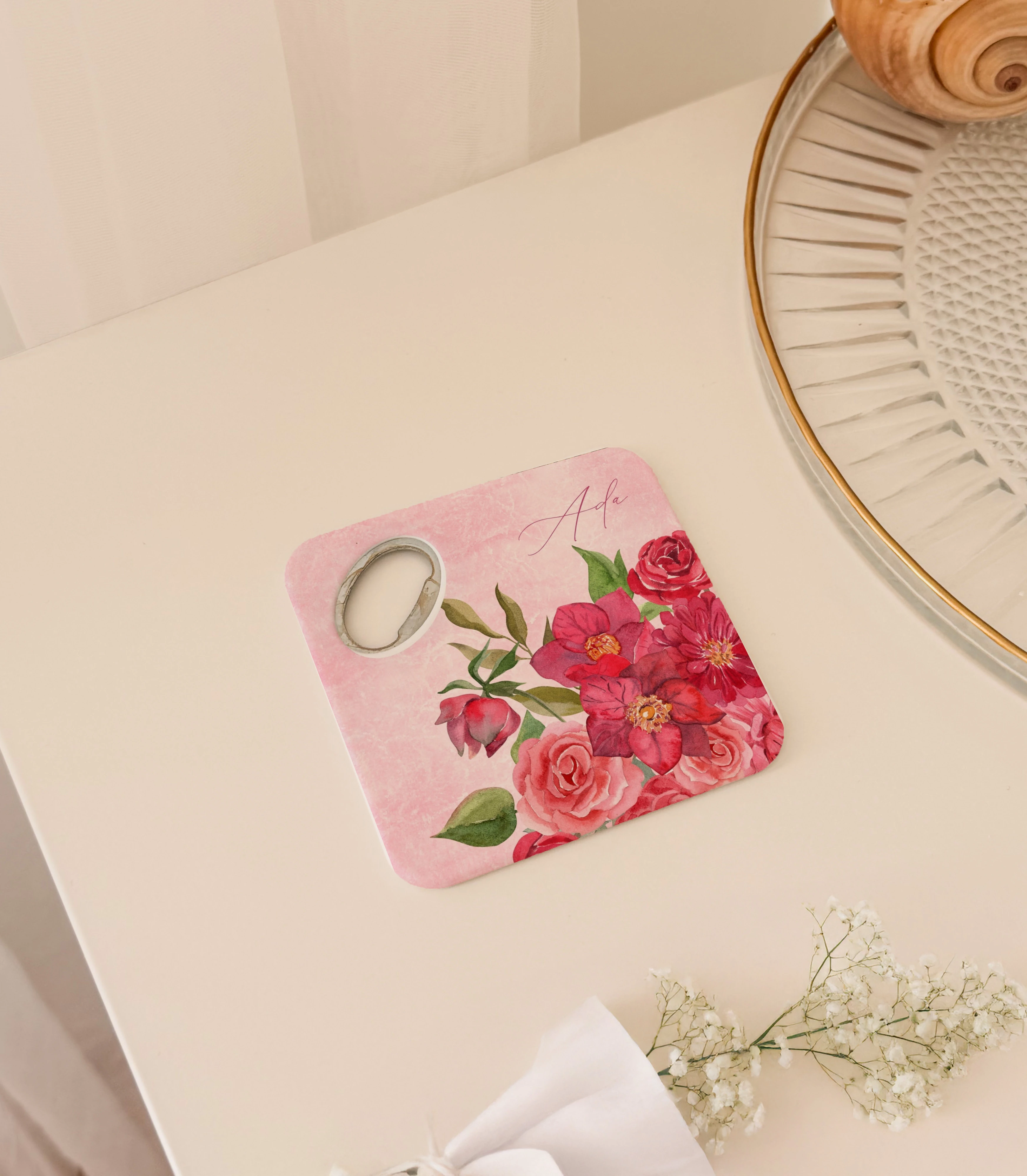 Pembe çiçek desenli kişiye özel magnet açacak bardak altlığı düğün nişan bebek hediyelik 20 adet