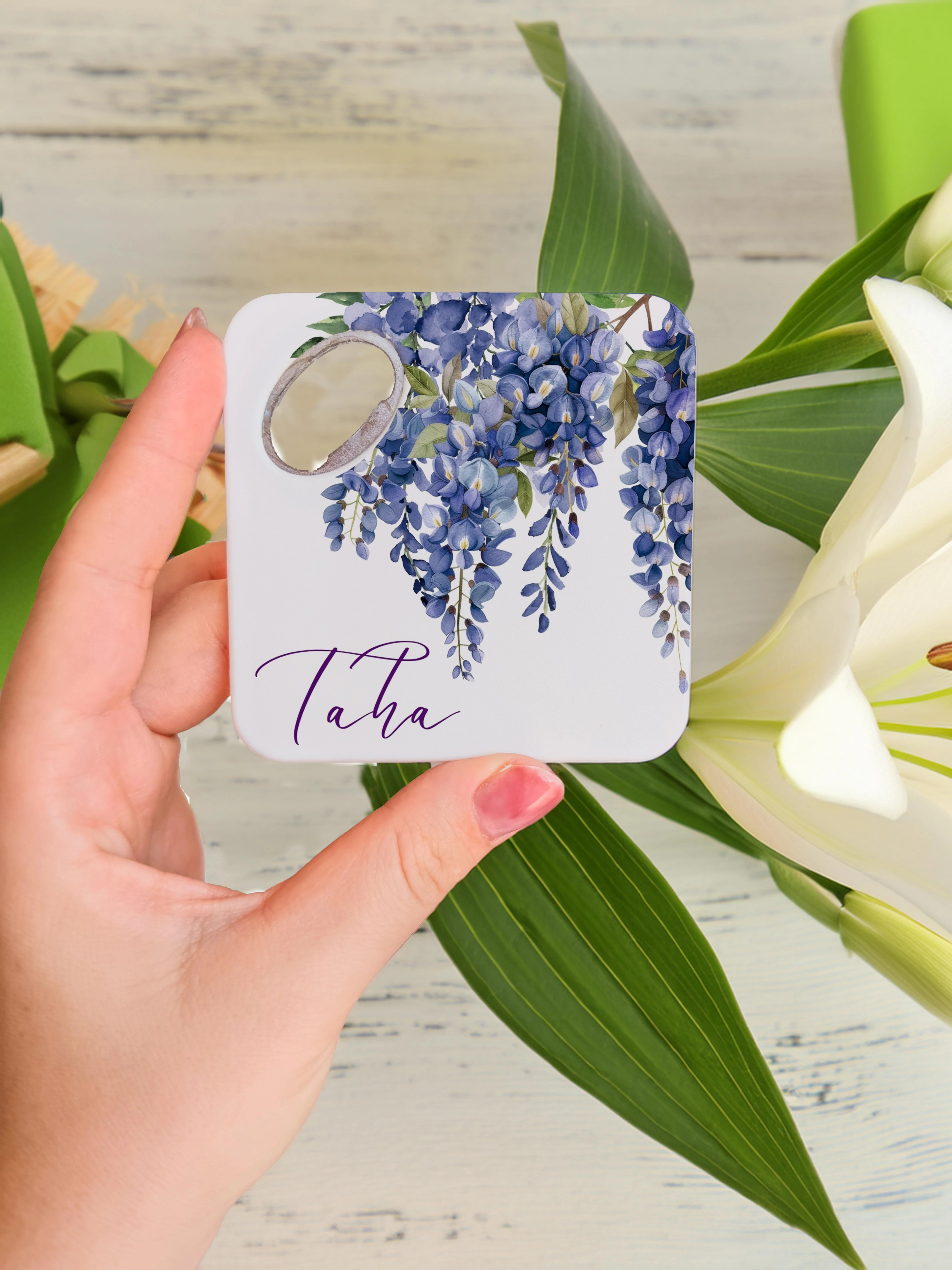 Mor çiçek desenli kişiye özel magnet açacak bardak altlığı düğün nişan bebek hediyelik 20 adet