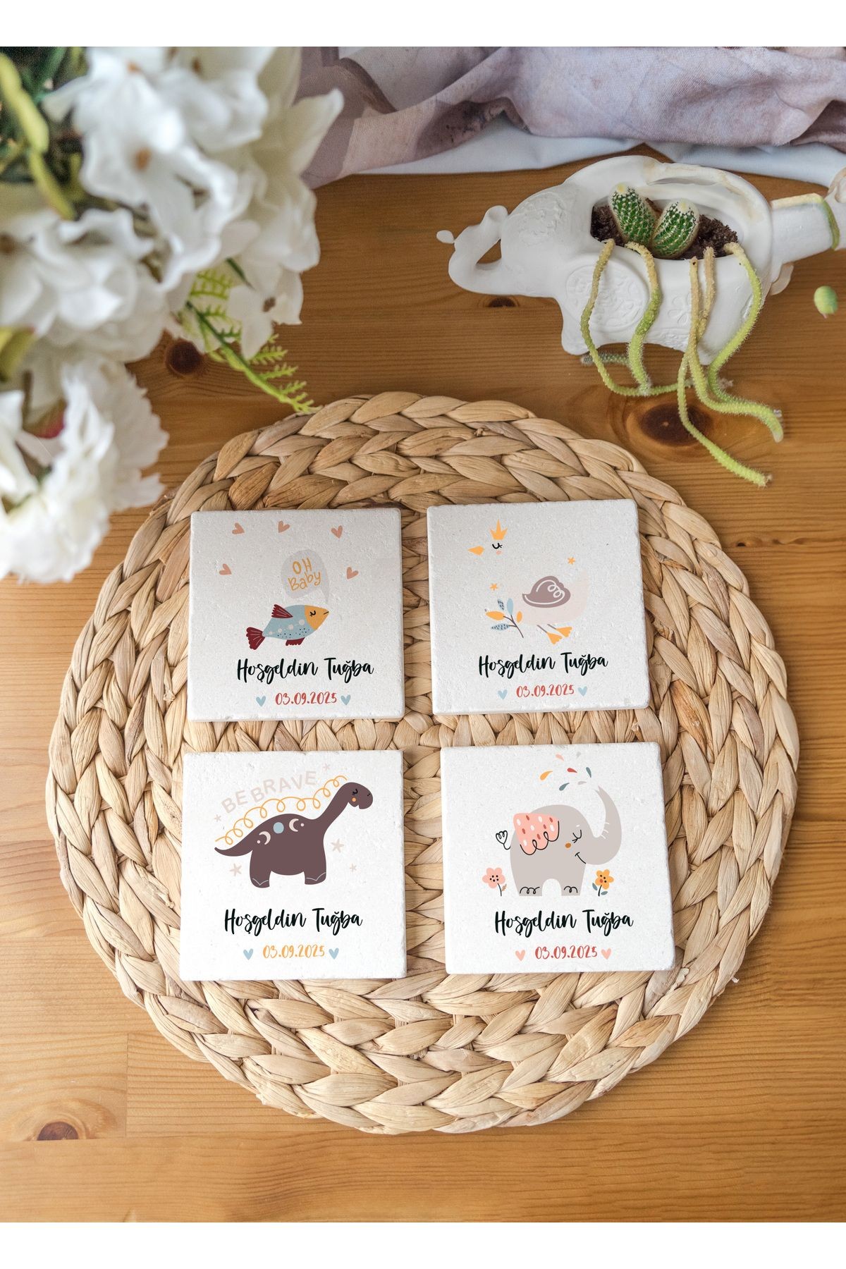 20 Adet Doğal Taş Kişiye Özel Hoş Geldin Bebek Hediyelik Bardak Altlığı (10x10 cm)