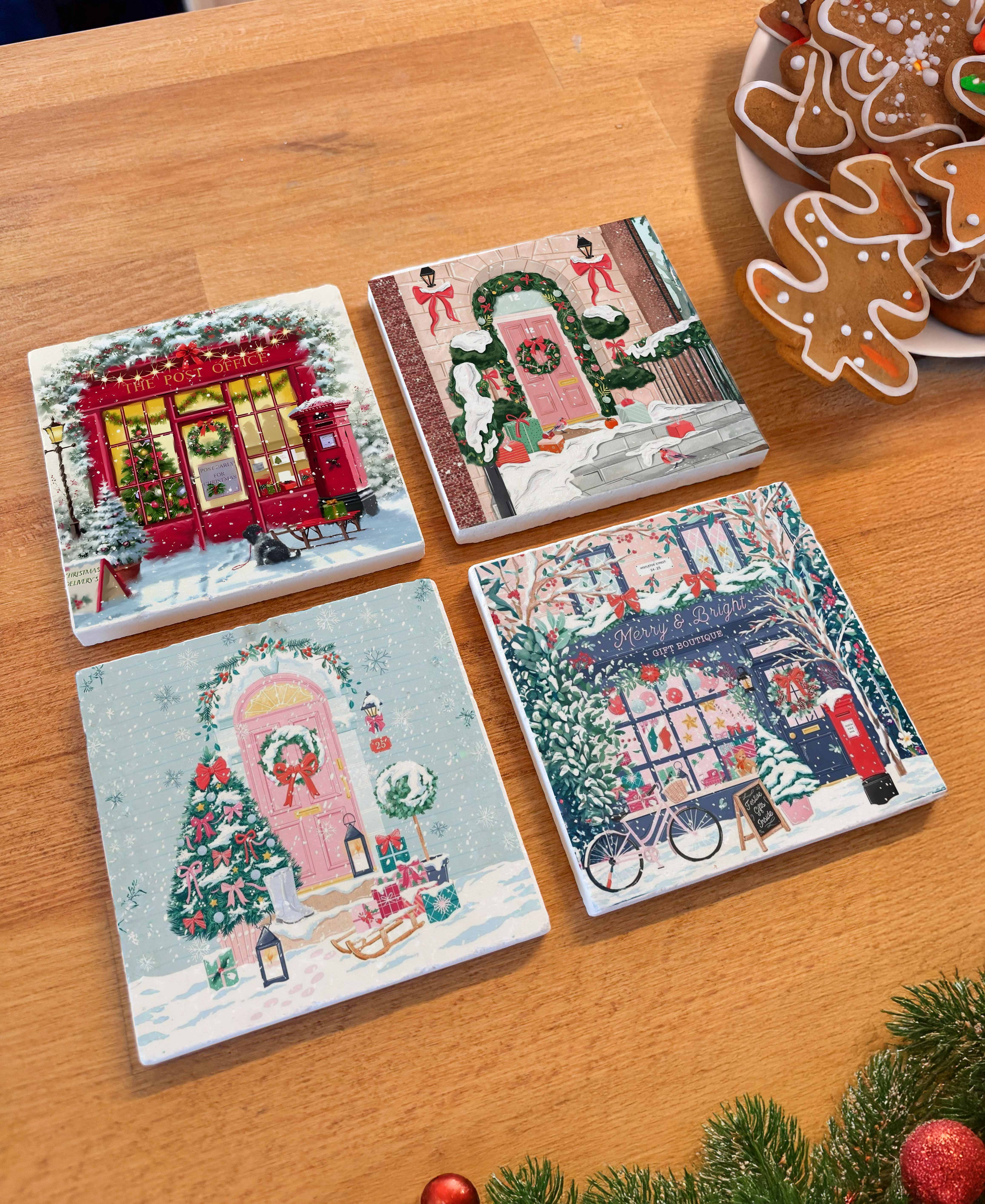 Karlı Sokak ve Kapı Desenli Doğal Taş Bardak Altlığı, Ev Dekoru, Yılbaşı Hediyesi, 4’lü