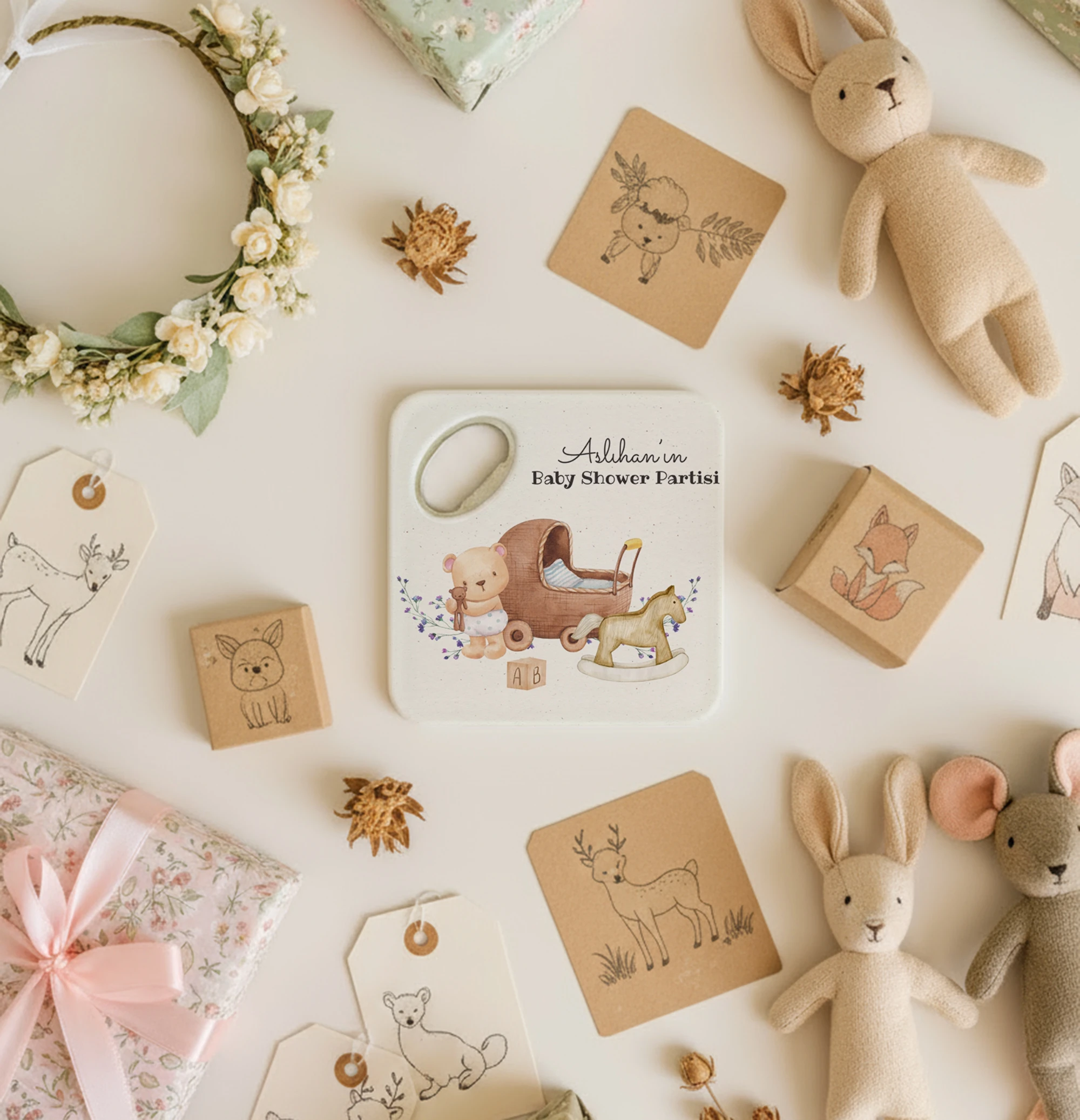 Baby Shower Temalı Ayıcık ve Beşik Desenli Kişiye Özel Magnet Açacak Bardak Altlığı, 8x8 cm, 20 Adet