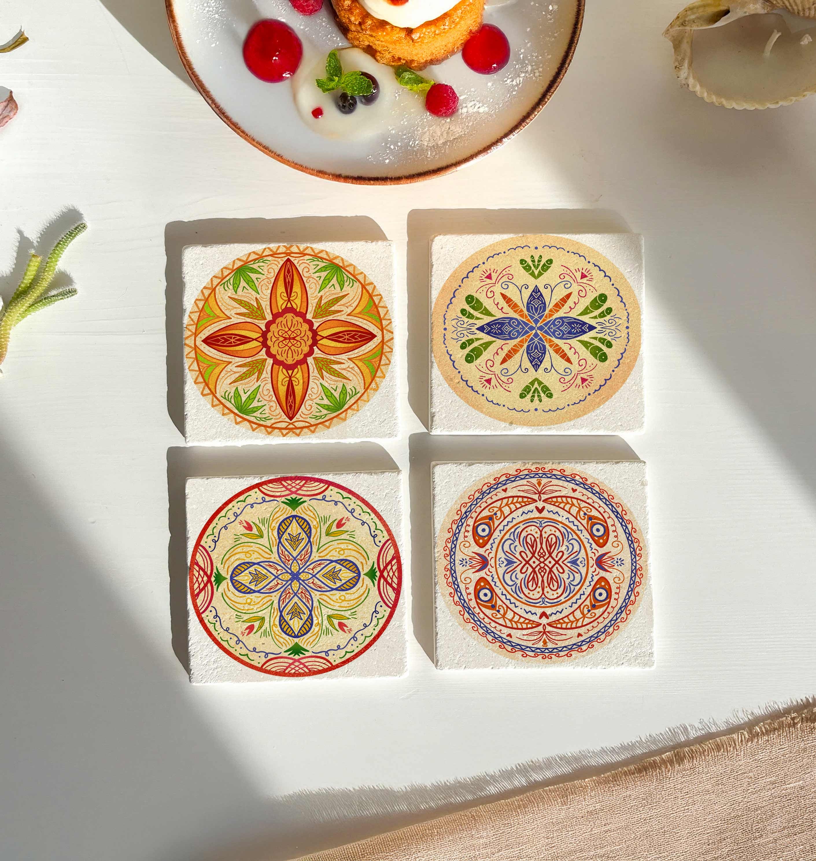 Etnik Desenli Mandala Doğal Taş Bardak Altlığı, Mandala, Dekoratif Şık Tasarım, 4’lü Set