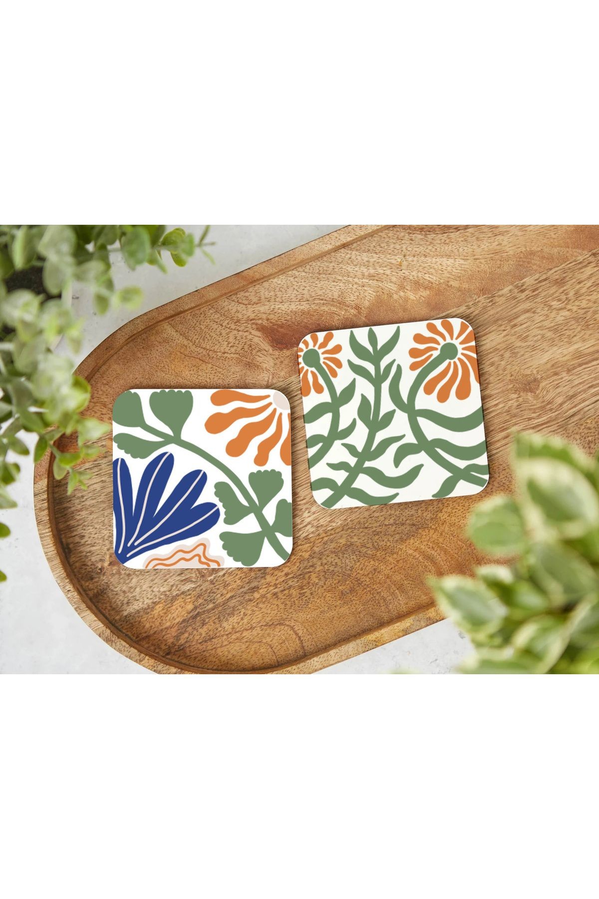 Atölye Çiçek Desenli Ahşap Bardak Altlığı 4’lü Set (10x10 cm)