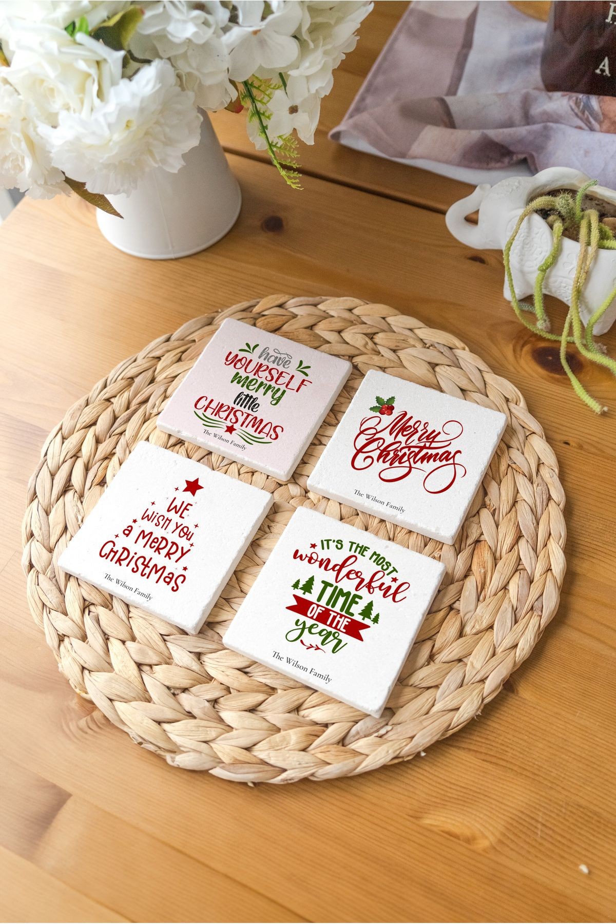 Arslat Atölye Christmas Motto Yazılı Bardak Altlığı 4’lü Set Doğal Taş Traverten (10x10 cm)