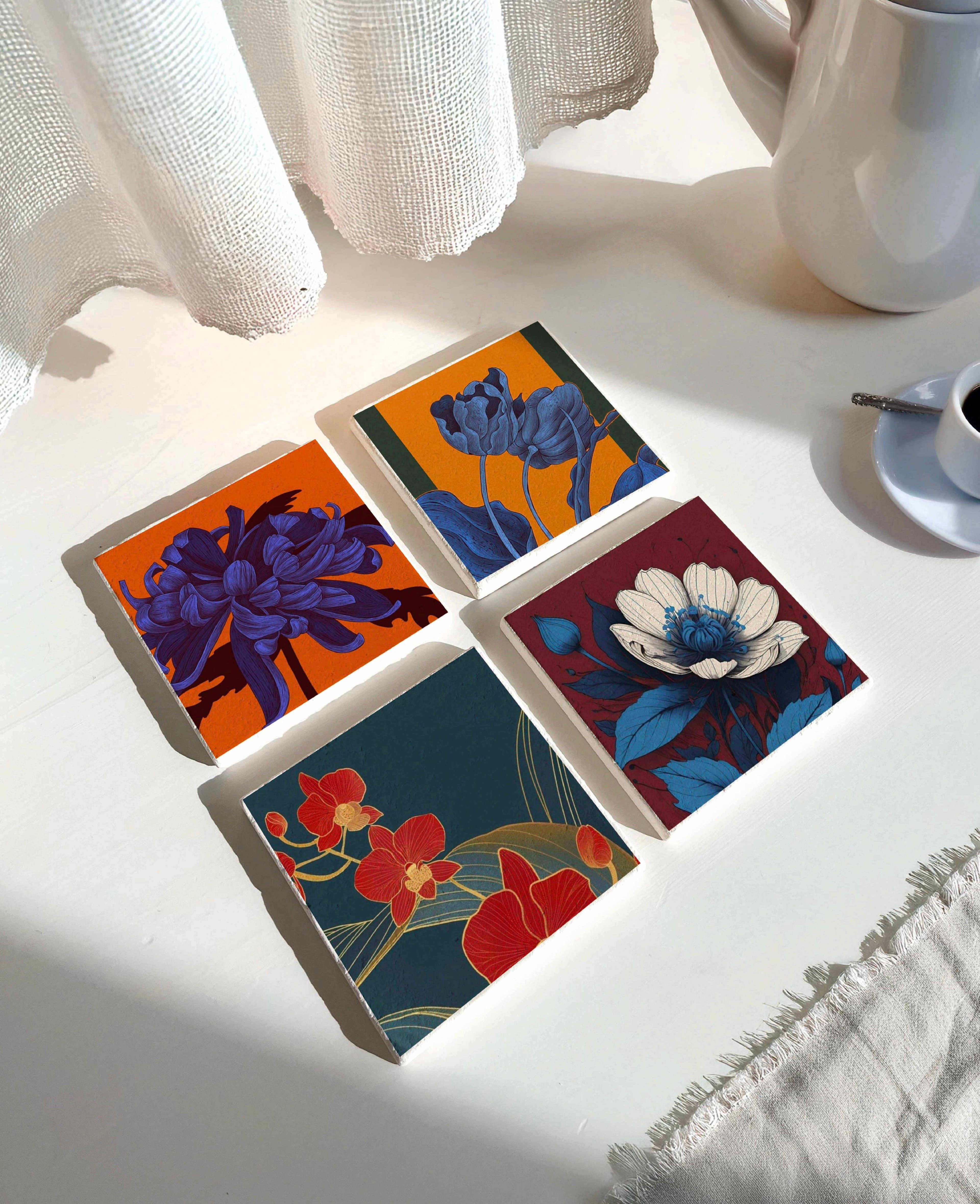 Modern Çiçek Desenli Doğal Taş Bardak Altlığı Seti (4’lü Set)