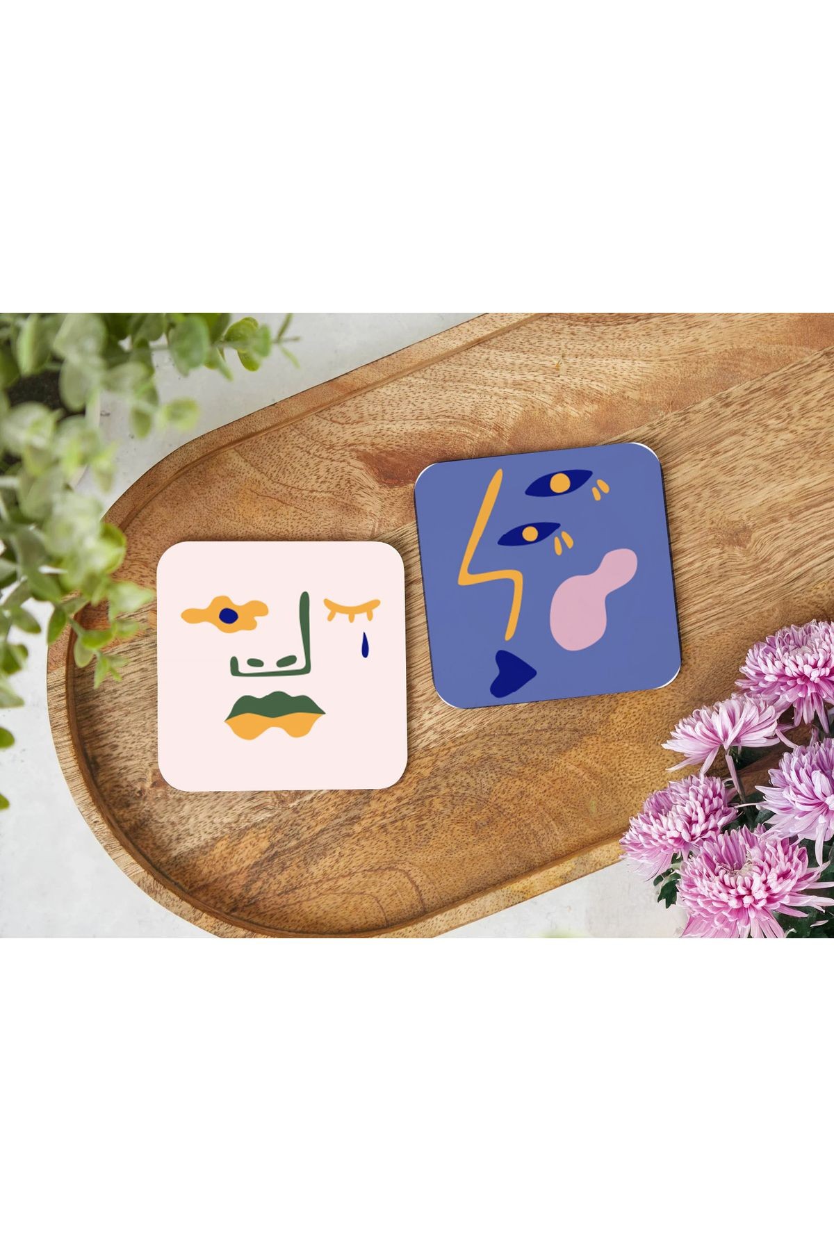 Atölye Minimalist Soyut Yüz Tasarımlı Ahşap Bardak Altlığı 4’lü Set (10x10cm)