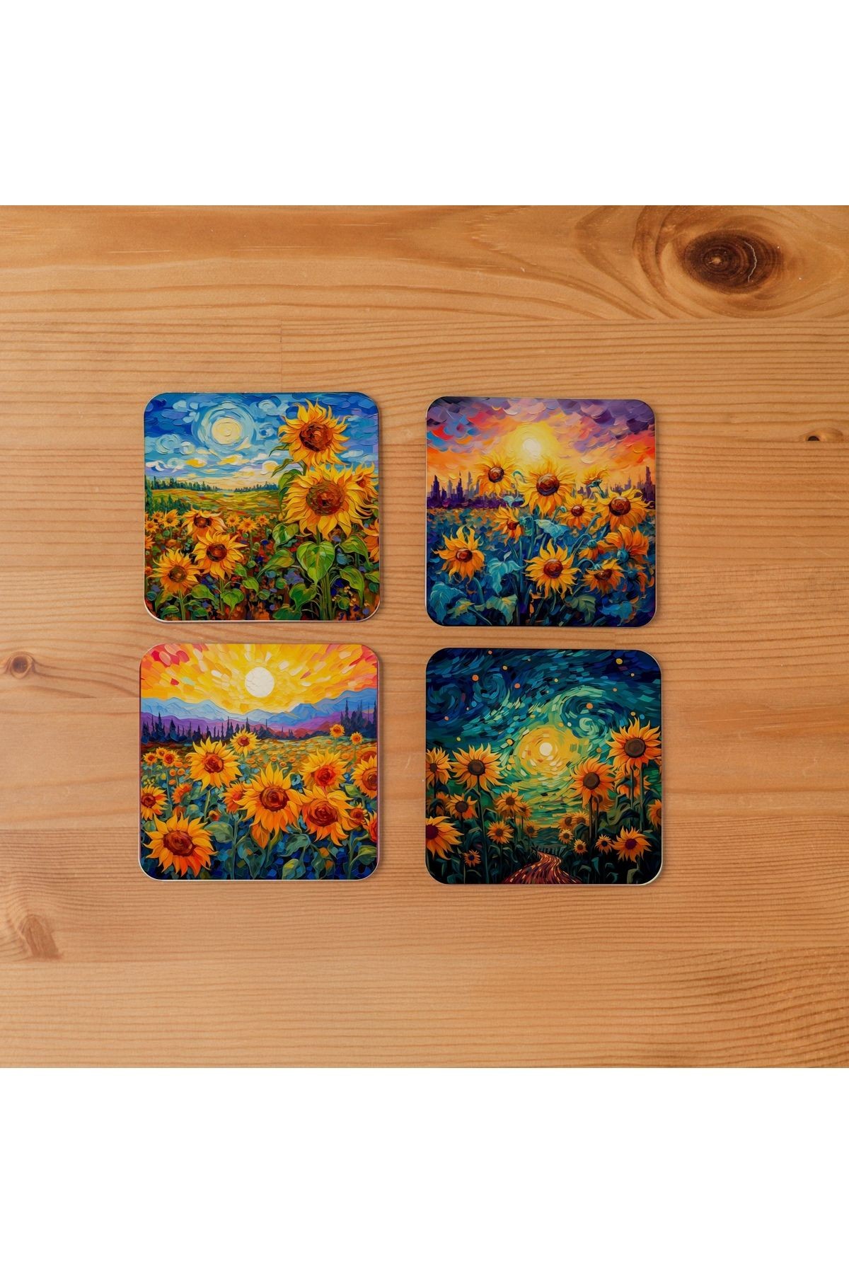 Atölye Ayçiçeği Sanatı Ahşap Bardak Altlığı 4’lü Set (10x10 cm)