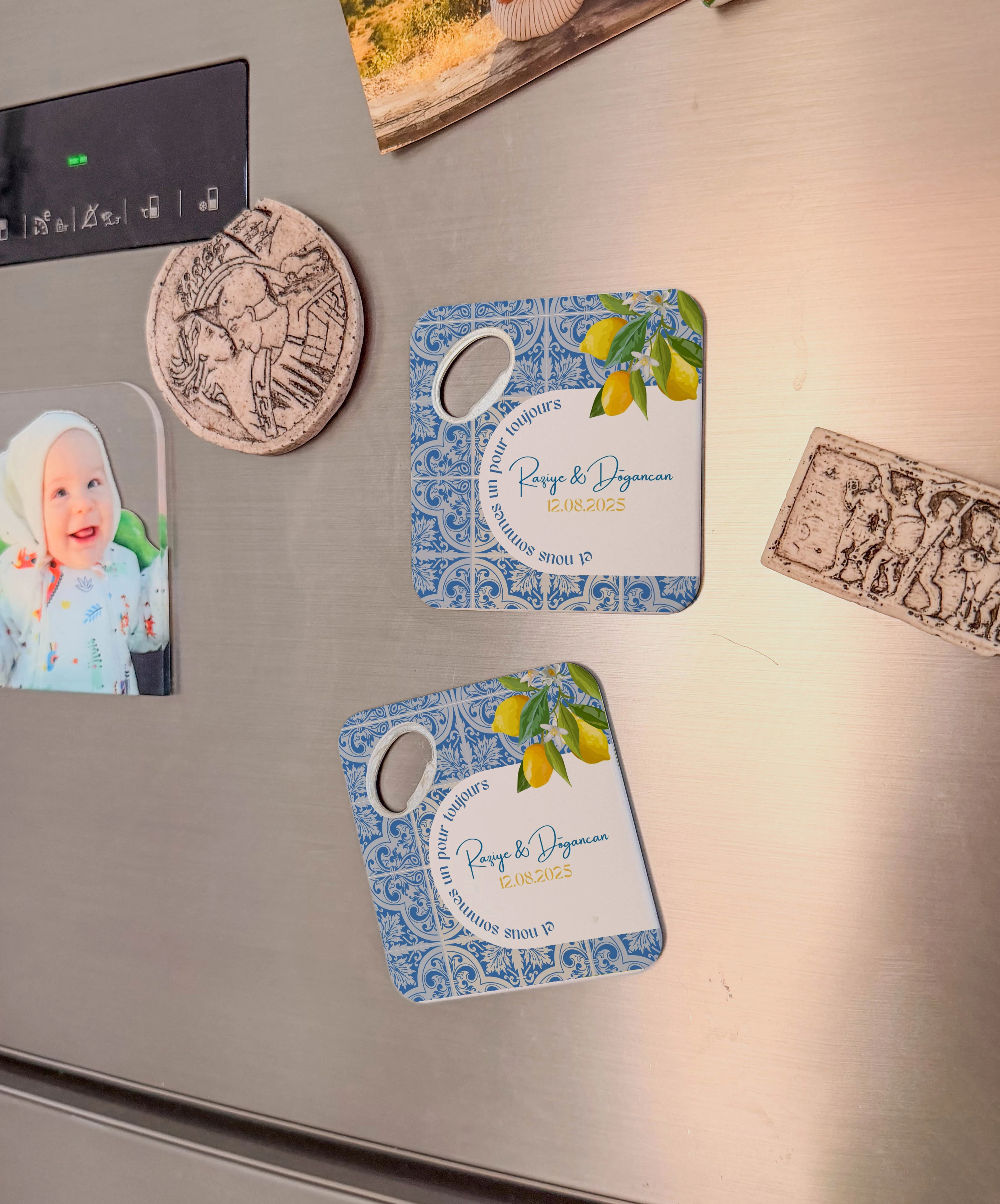 Limon desenli mavi motifli magnet açacak bardak altlığı kişiye özel düğün nişan hediyelik 20 adet