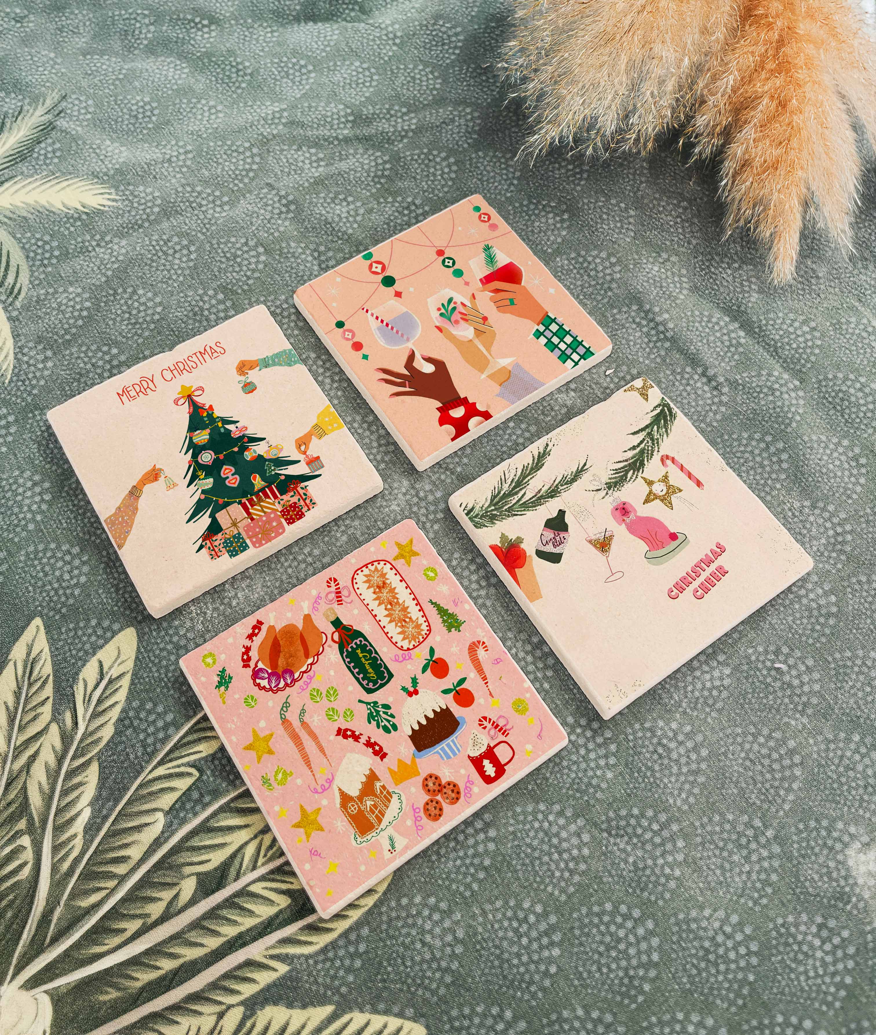 Eğlenceli Yılbaşı Sofrası ve Noel Ağacı Temalı Doğal Taş Bardak Altlığı, Yeni Yıl Hediyesi, 4’lü