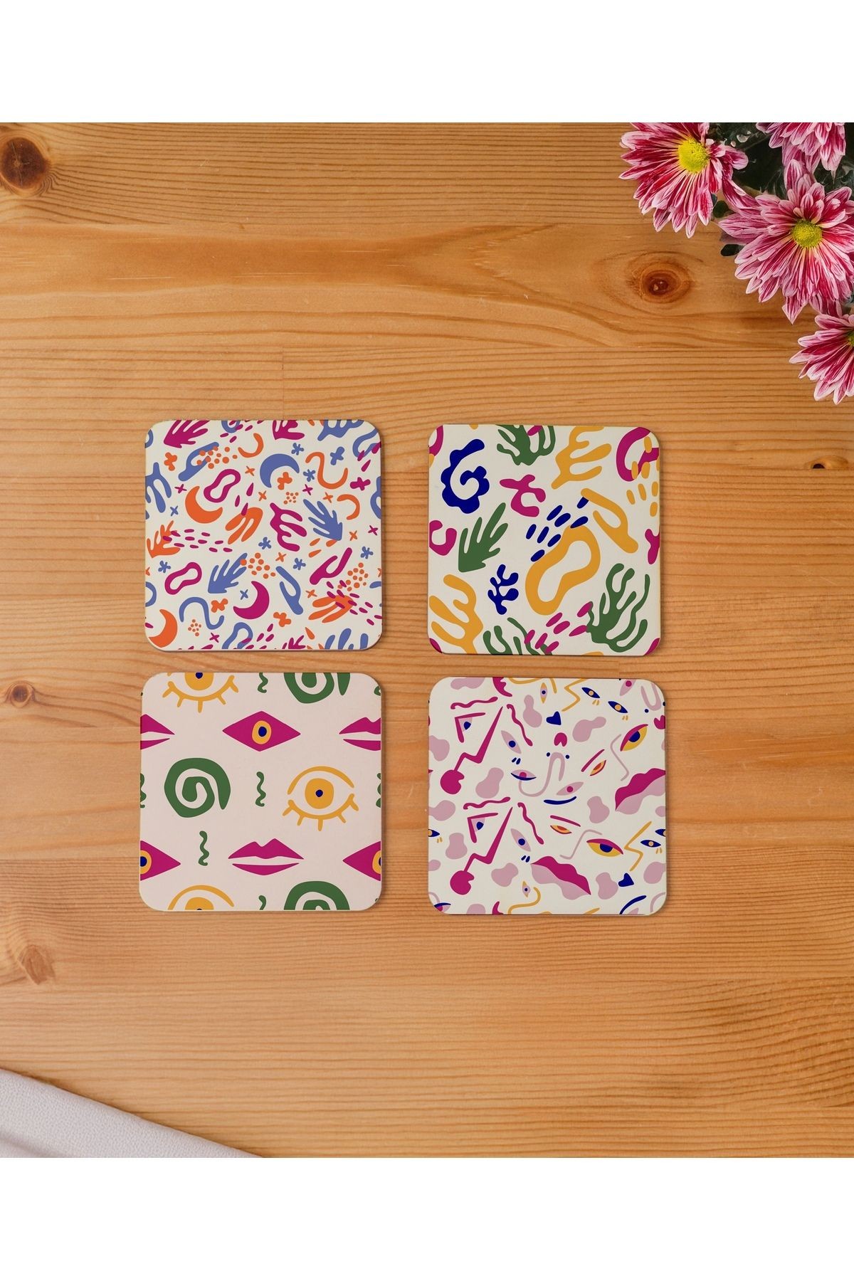 Atölye Soyut Desenli Ahşap Bardak Altlığı 4’lü Set (10x10 cm)