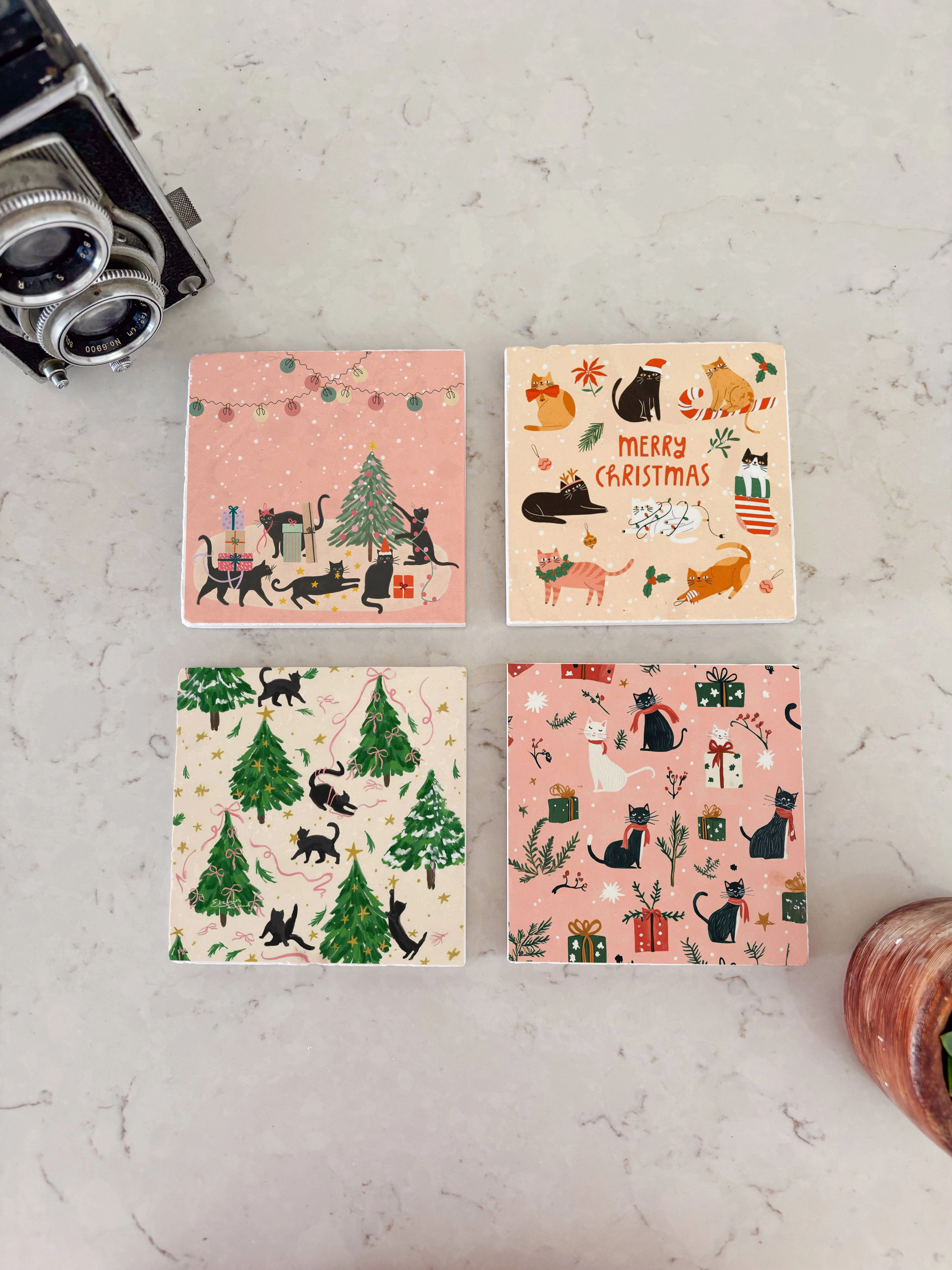 Kedi Desenli Doğal Taş Bardak Altlığı, Sevimli Noel Teması, Yılbaşı Hediyesi, 4’lü